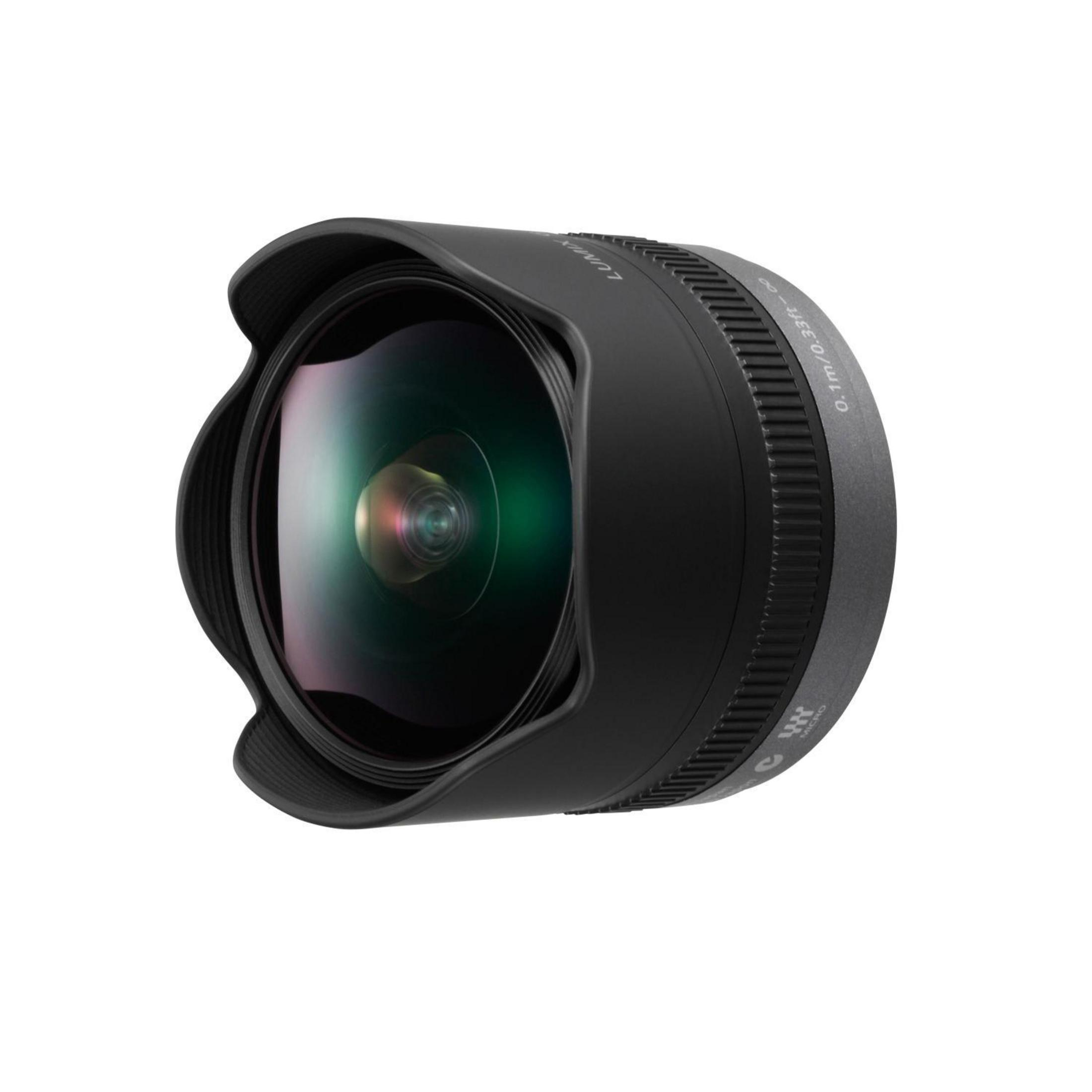 Objectif d'appareil photo noir avec un design incurvé et le texte 'LUMIX'.