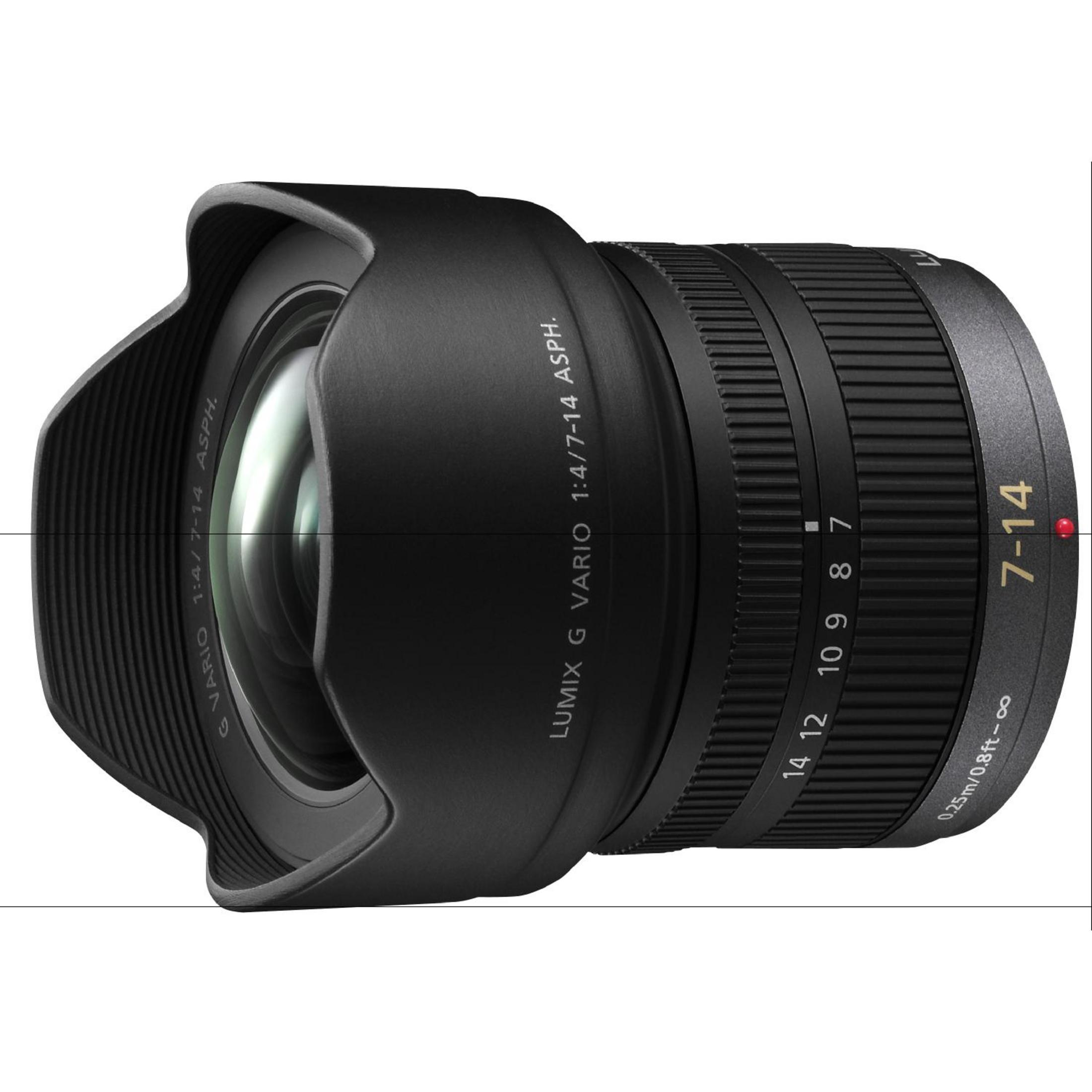 Schwarzes Kameraobjektiv mit Gegenlichtblende, mit Text und Zahlen auf dem Objektiv.