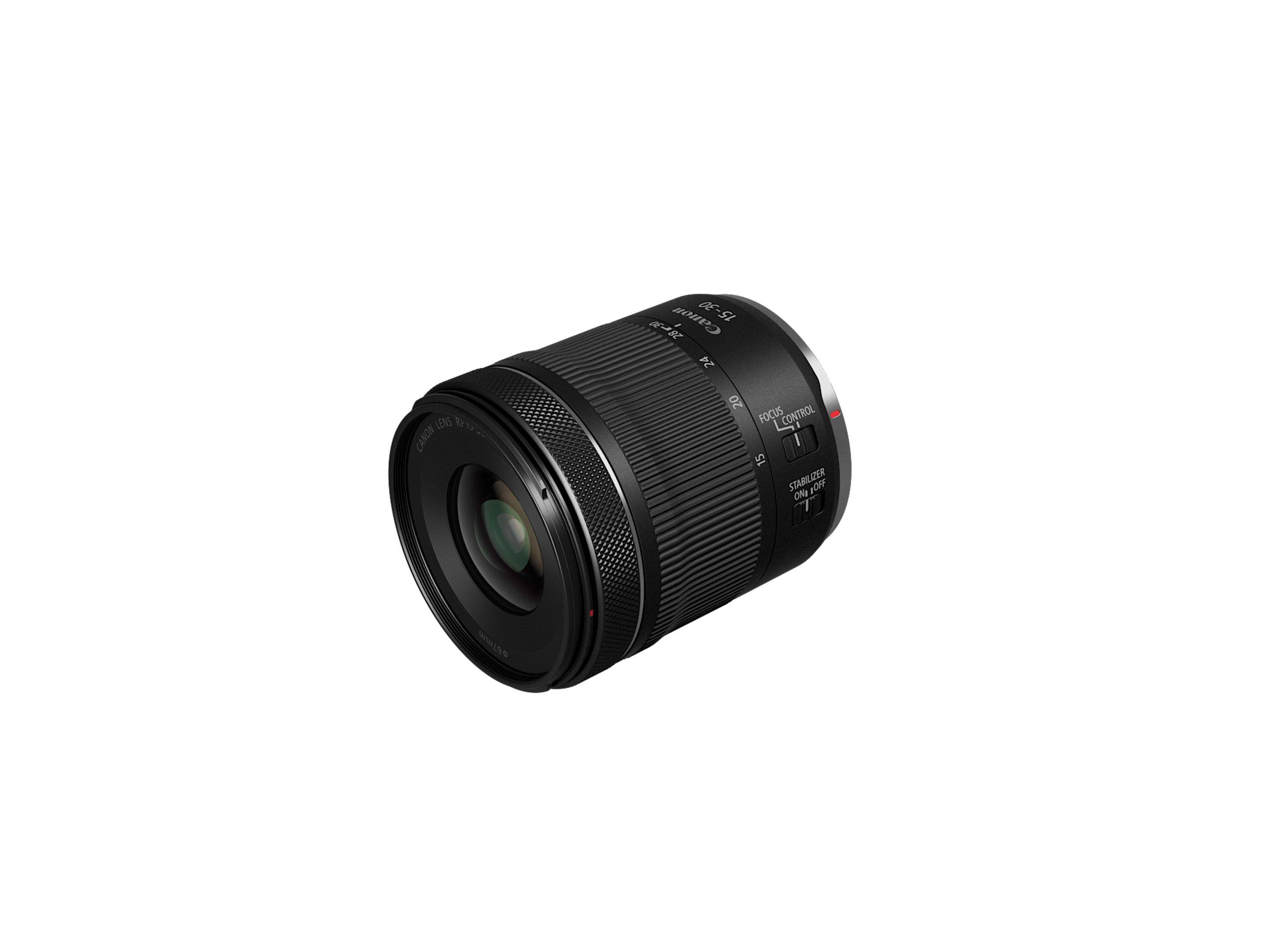 Een Canon lens, op een witte achtergrond, met focus- en stabilisator bediening.
