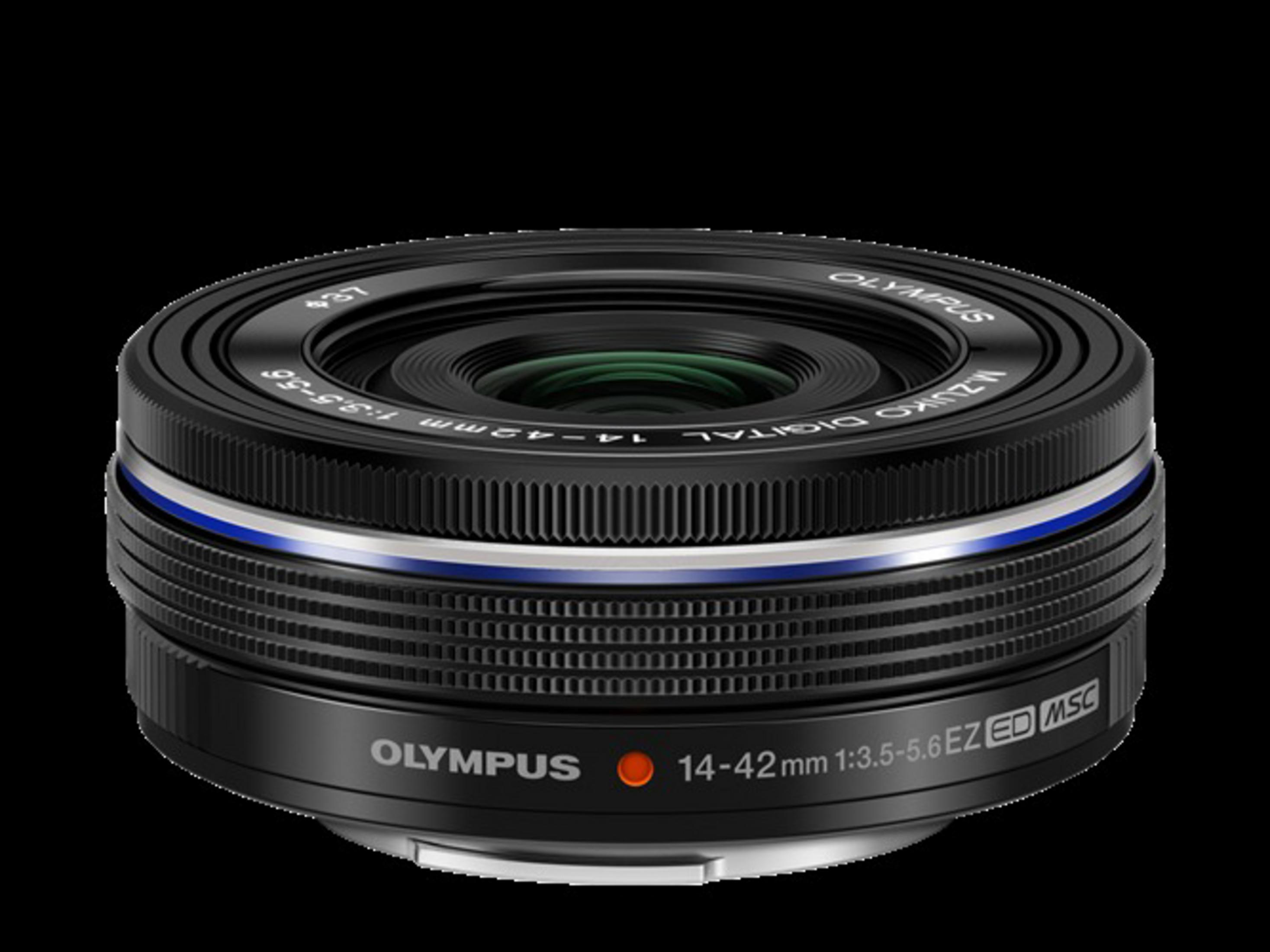 A black camera lens with Olympus branding and a blue accent ring, isolated on black background.