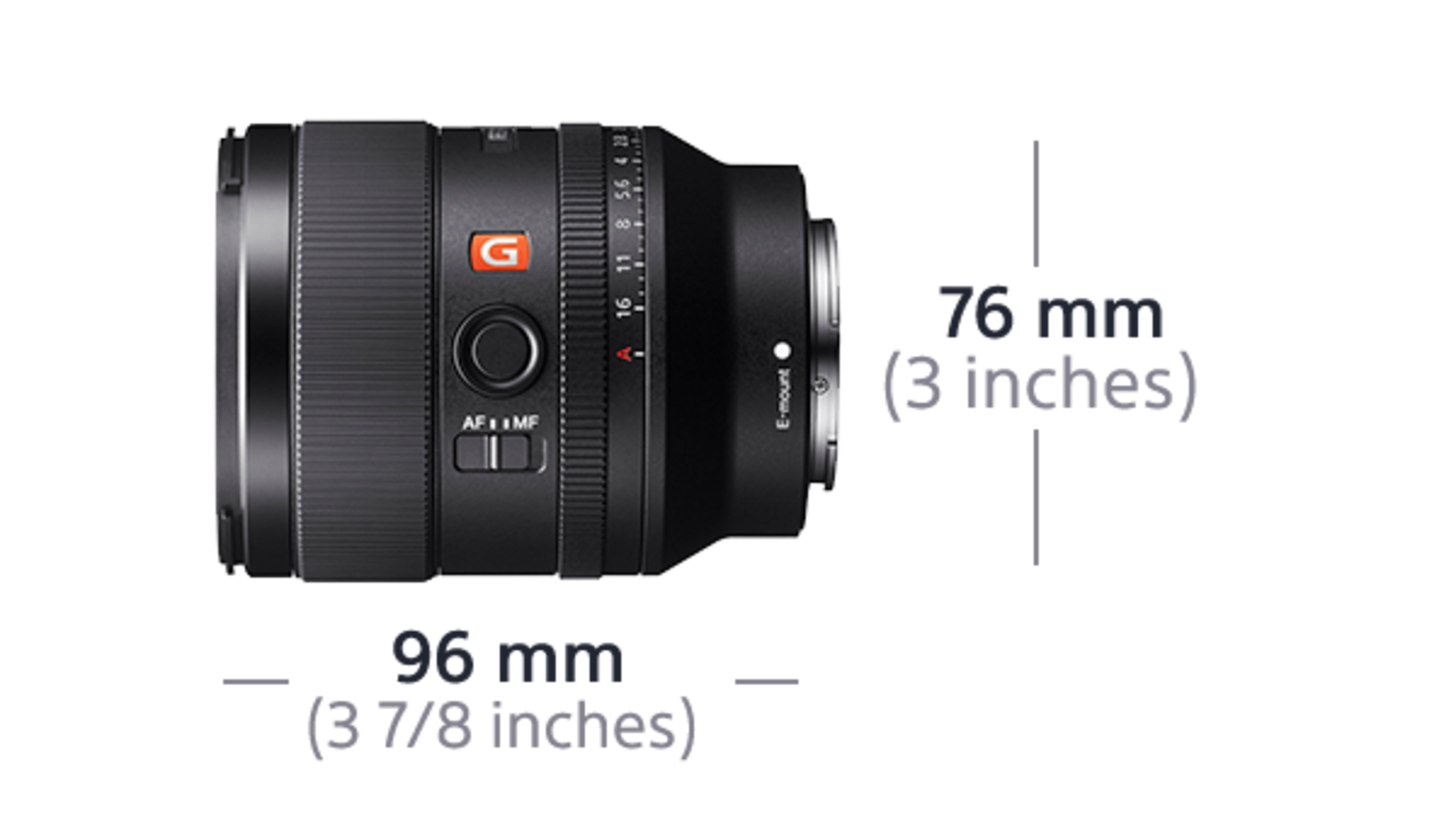 Czarny obiektyw aparatu, z wymiarami w mm i calach na białym tle.