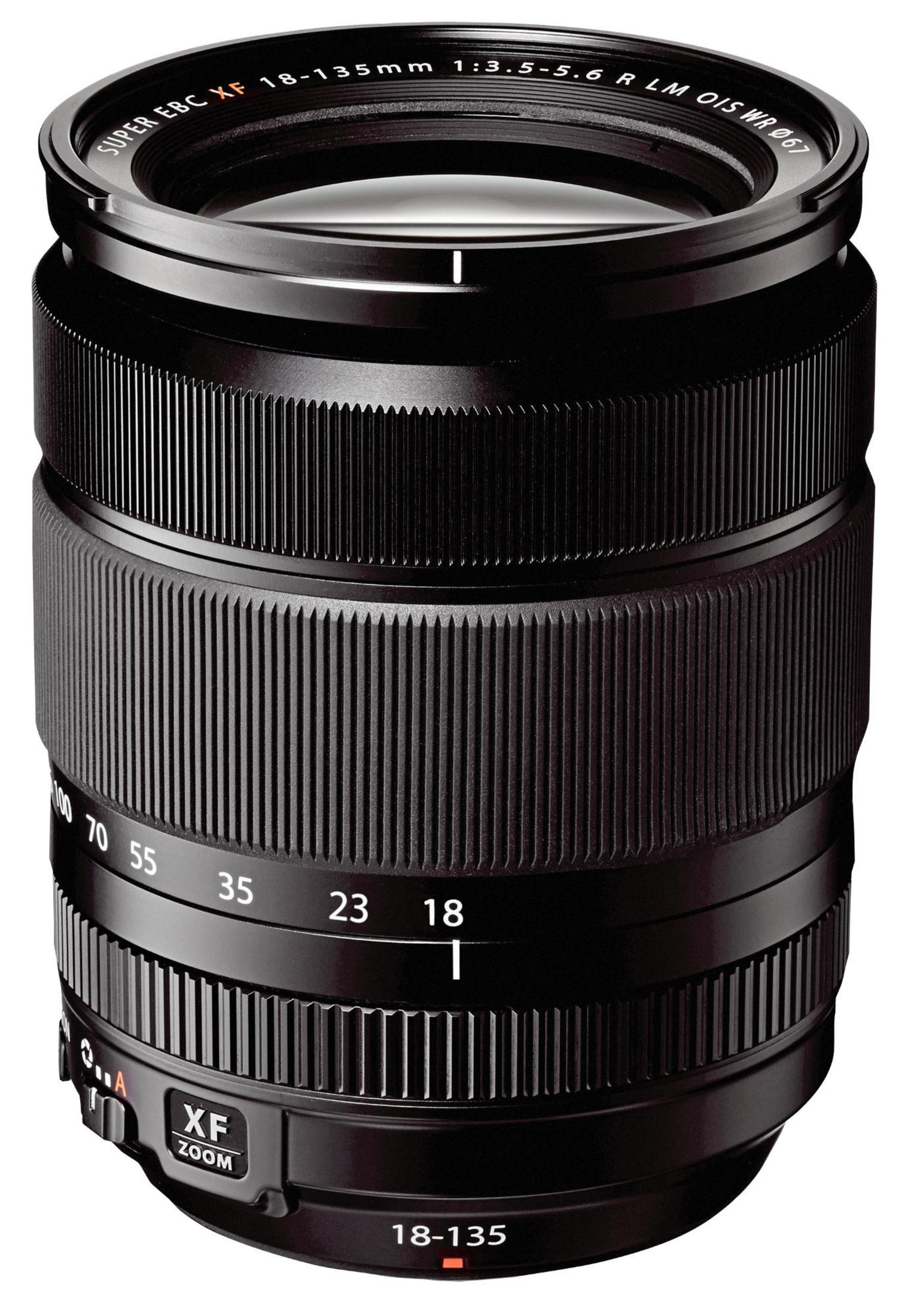 Un obiettivo nero per fotocamera con anelli di zoom e messa a fuoco, contrassegnato da numeri.
