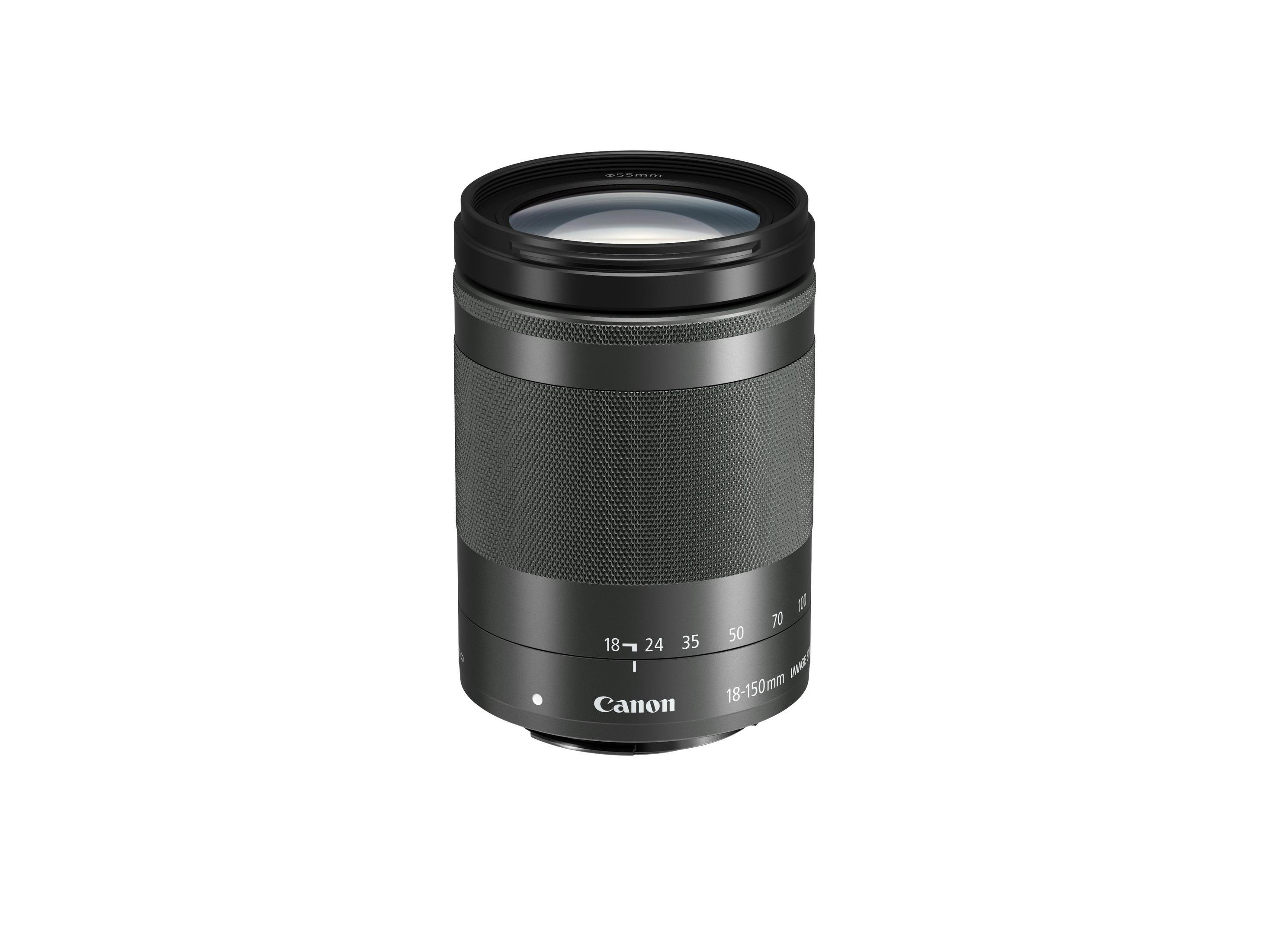 Obiettivo Canon nero con lunghezze focali, etichettato '18-150mm'.