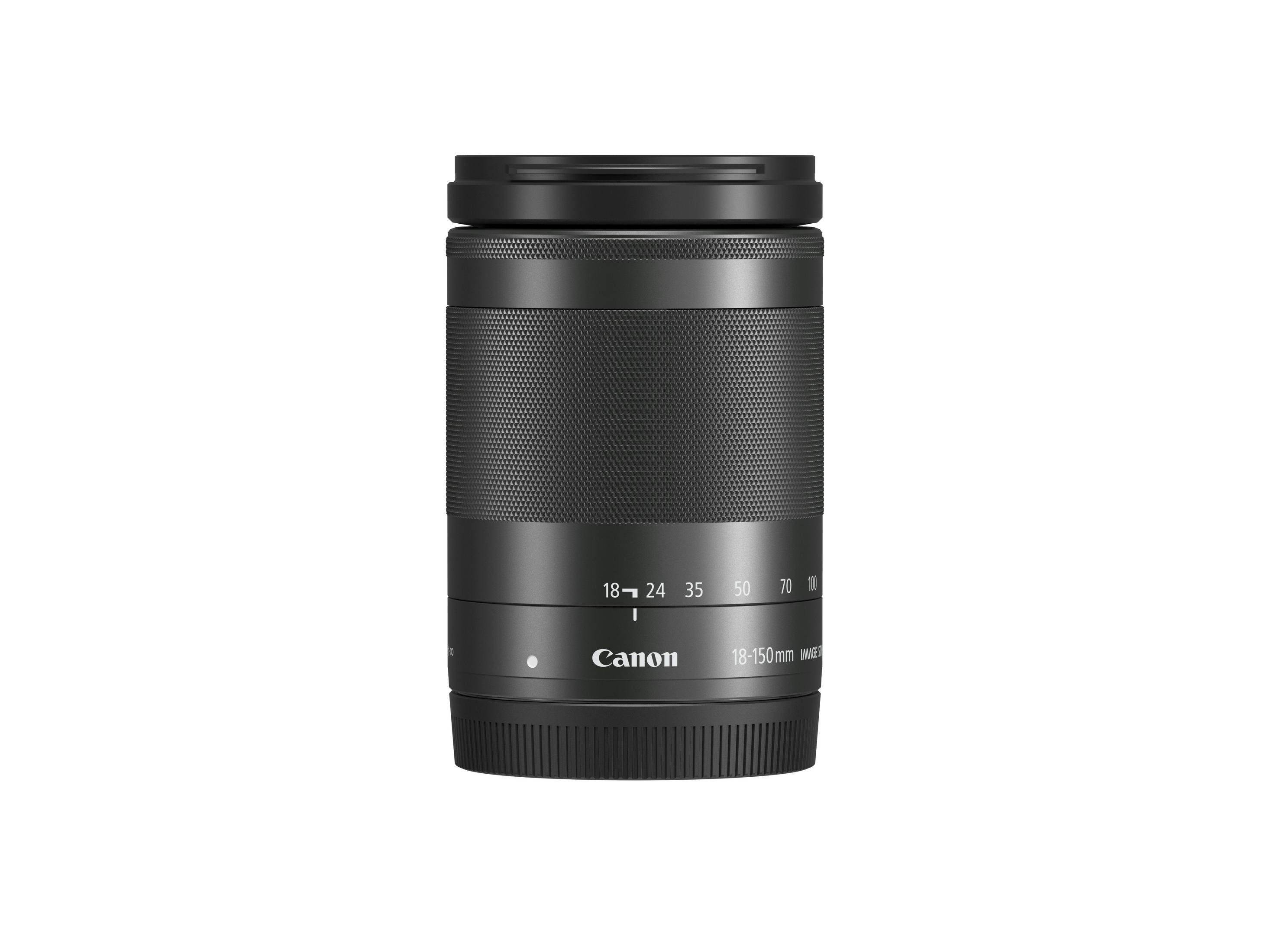 Un obiettivo per fotocamera Canon nero con indicazioni di lunghezza focale, con i numeri 18, 24, 35, 50, 70 e 150.