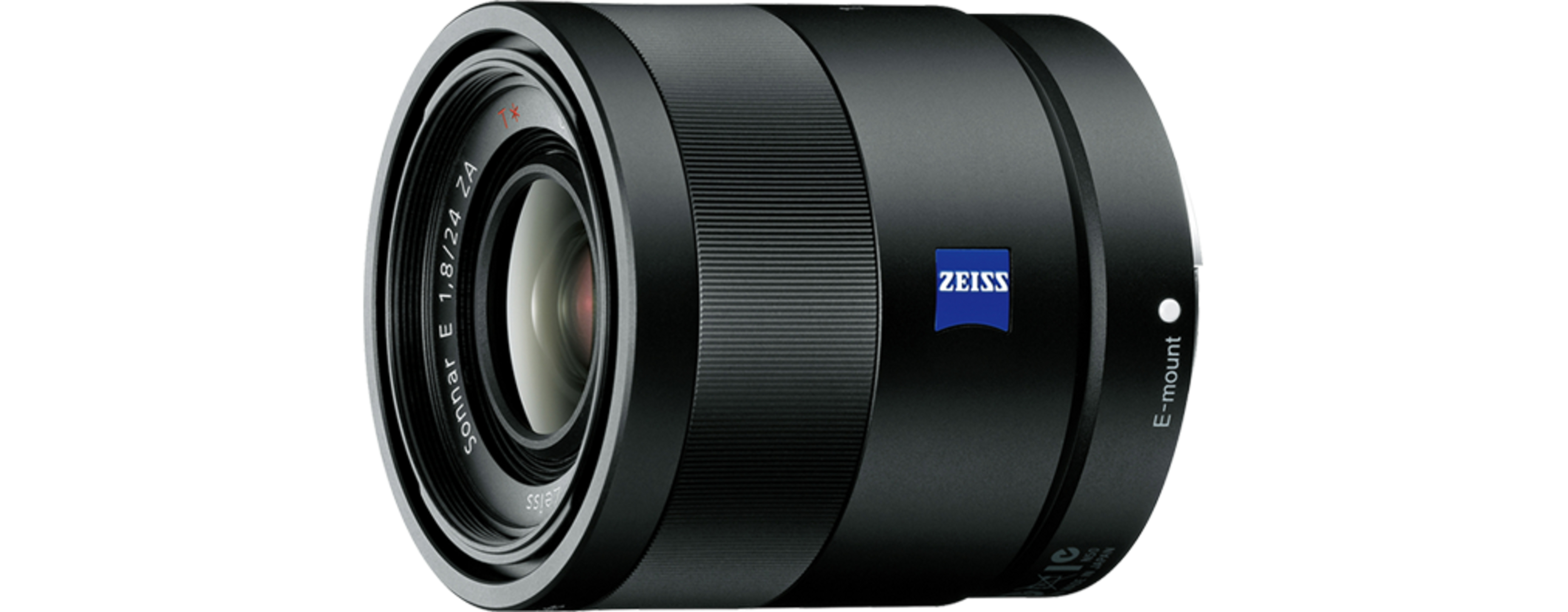 Ein schwarzes Zeiss Kameraobjektiv mit 'Zeiss'-Logo und 'E-Mount'-Etikett an der Seite.