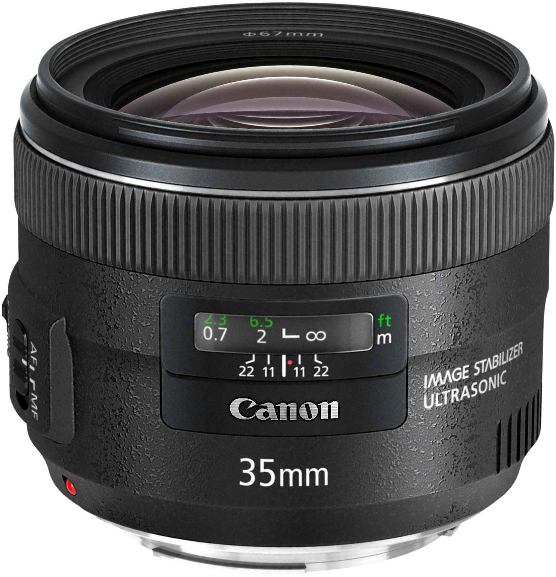 Canon 35mm Objektiv, schwarz, mit Entfernungsmarkierungen. Es hat einen geriffelten Griff und eine Linse. Der Hintergrund ist weiß.