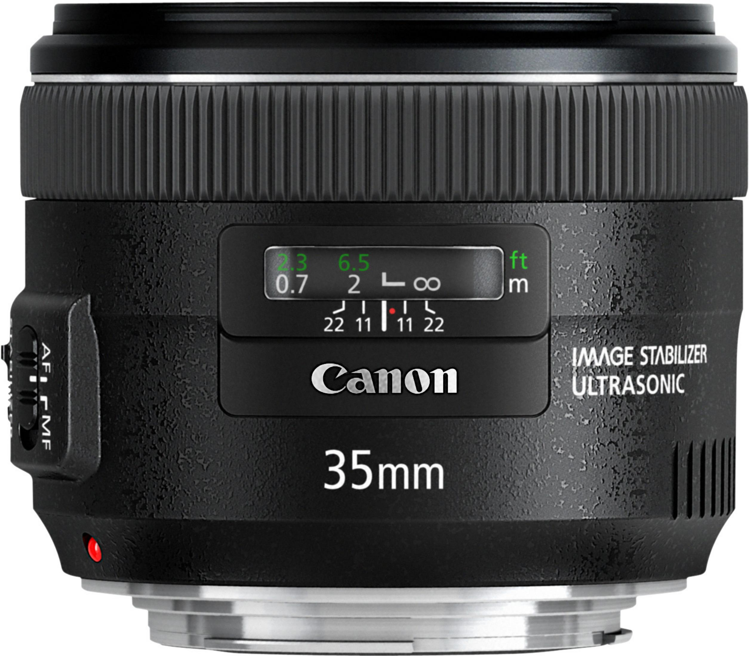 Schwarzes Canon 35mm Objektiv. Hat Fokus- und Blendeneinstellungen. Auf dem Objektiv steht Canon.