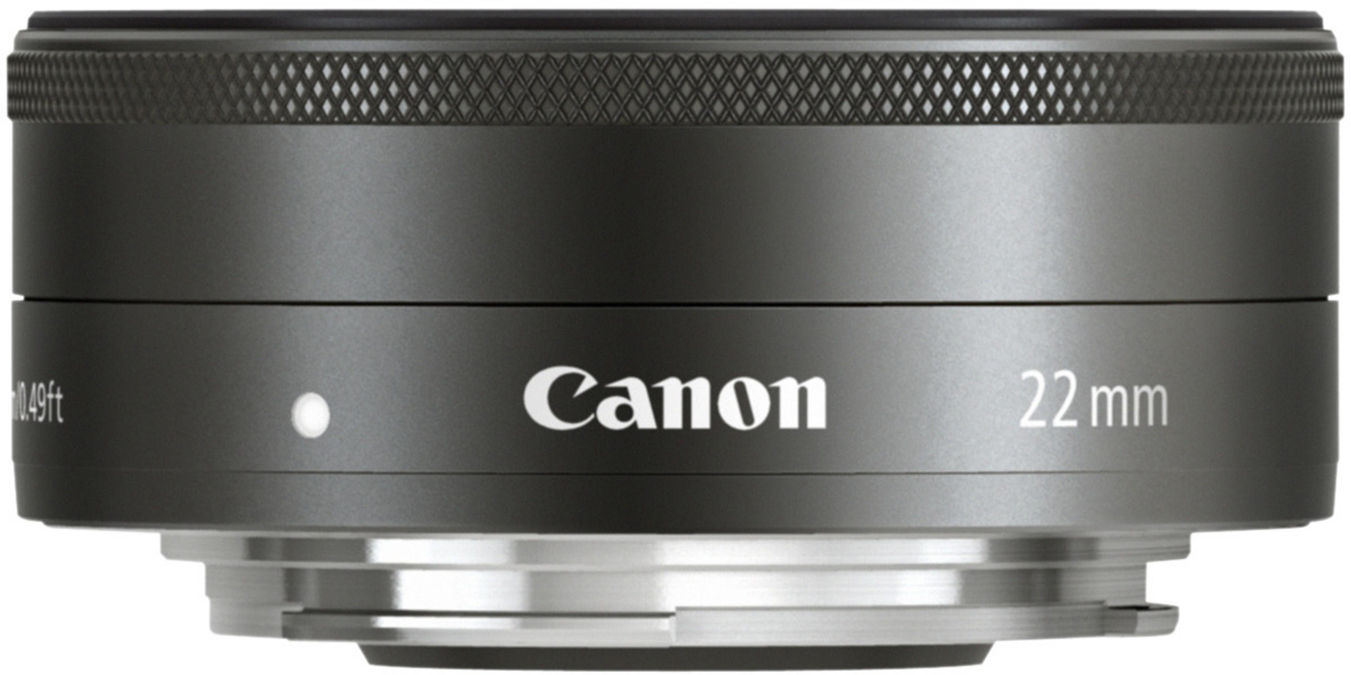 Schwarzes Canon 22mm Kameraobjektiv, mit Canon und 22mm Beschriftung.