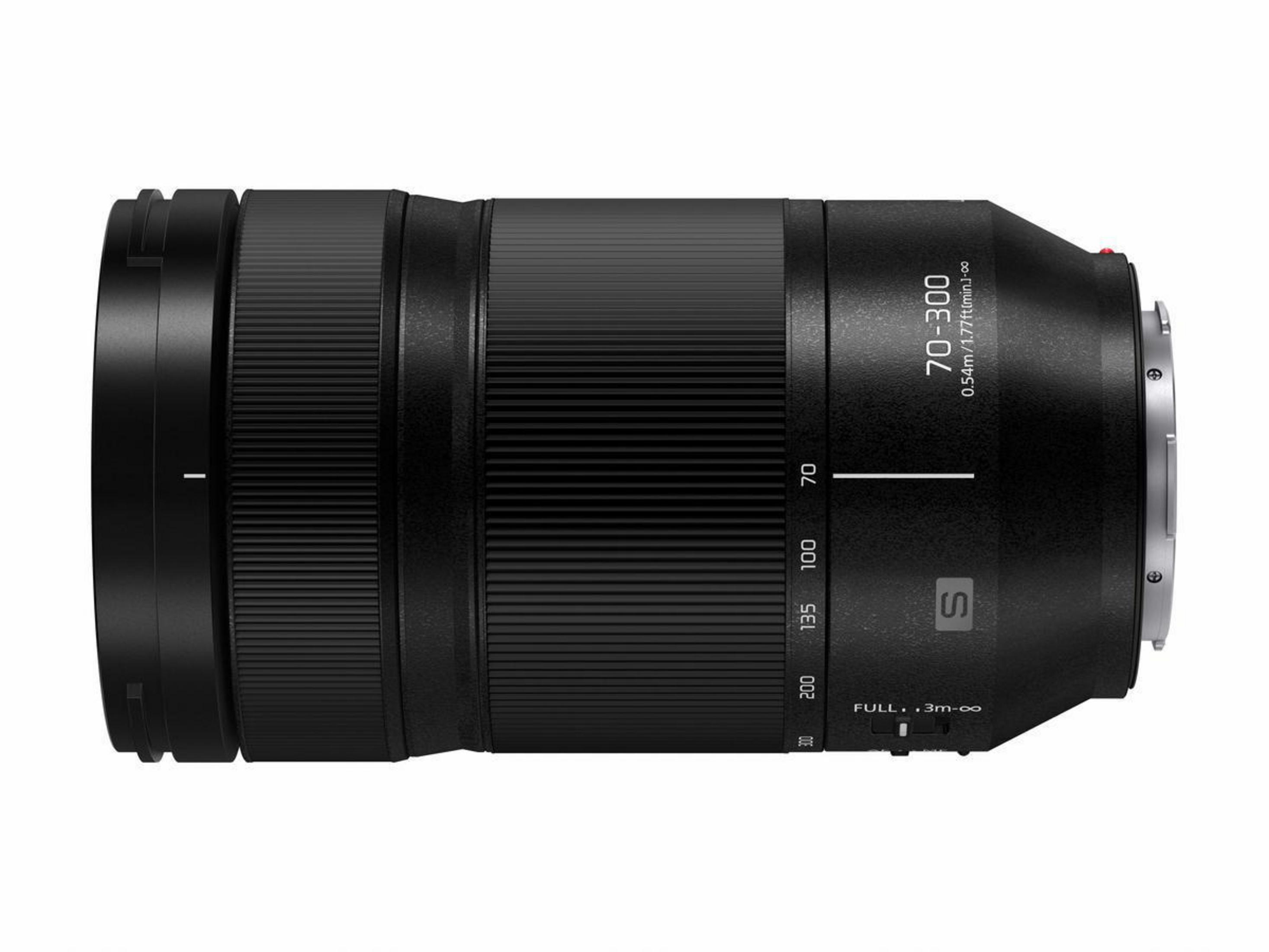 Schwarzes Kameraobjektiv, beschriftet mit 70-300, mit verschiedenen Bedienelementen und Markierungen.