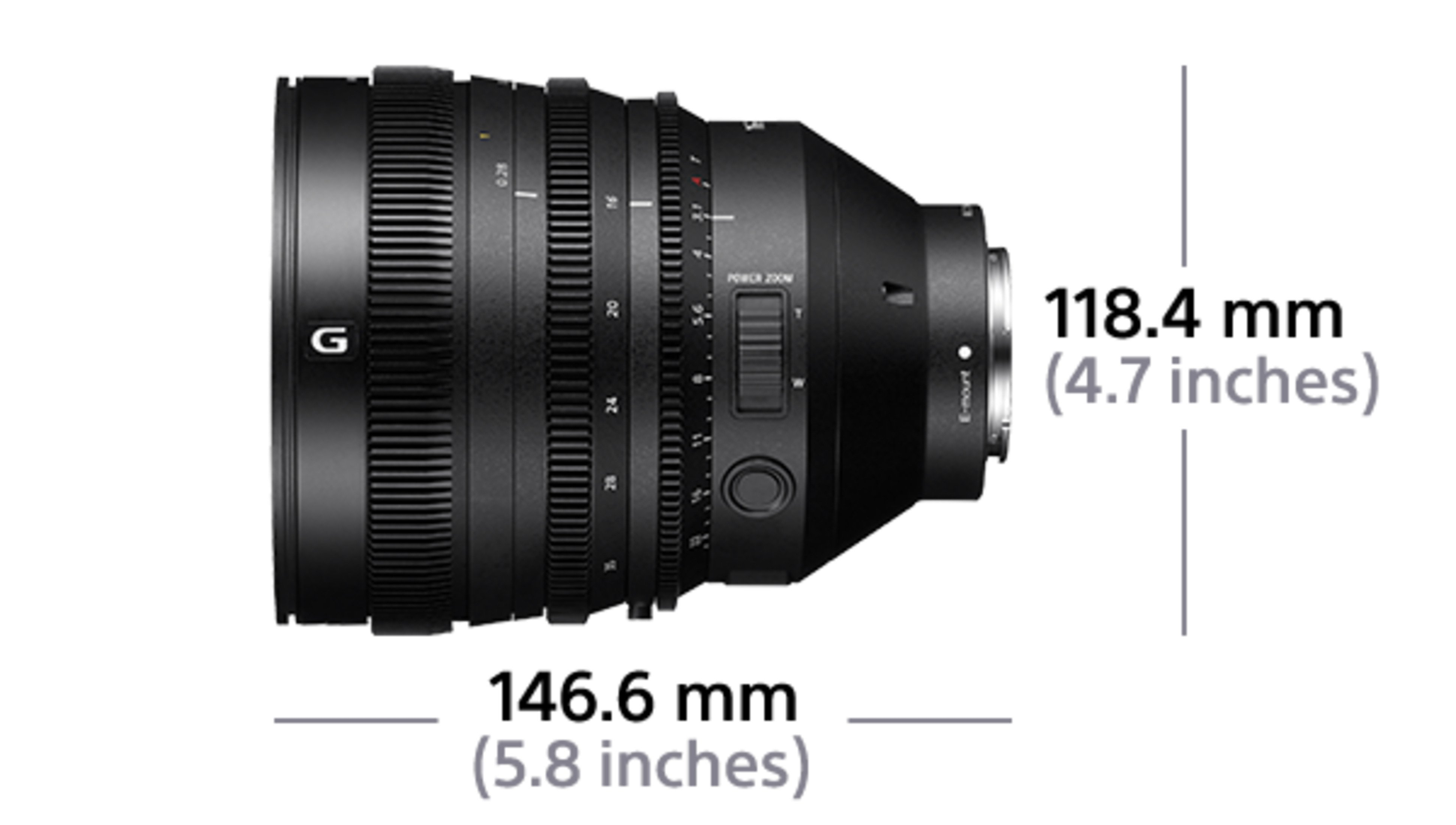 Kameraobjektiv mit angezeigten Abmessungen. Das Objektiv ist schwarz und zeigt Maße von 118,4 mm und 146,6 mm.