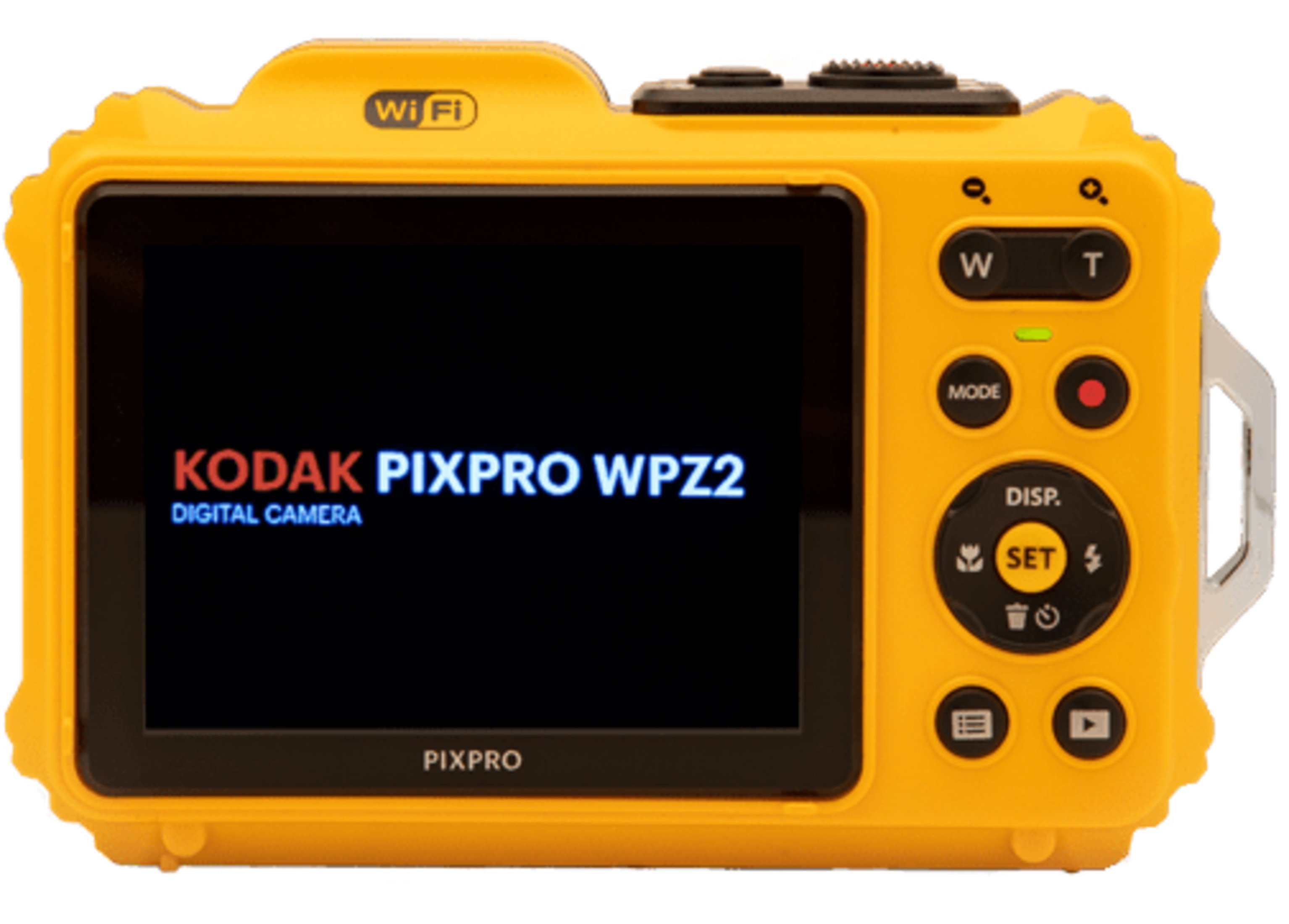 Żółty aparat Kodak Pixpro, widok z tyłu, z ekranem i przyciskami.