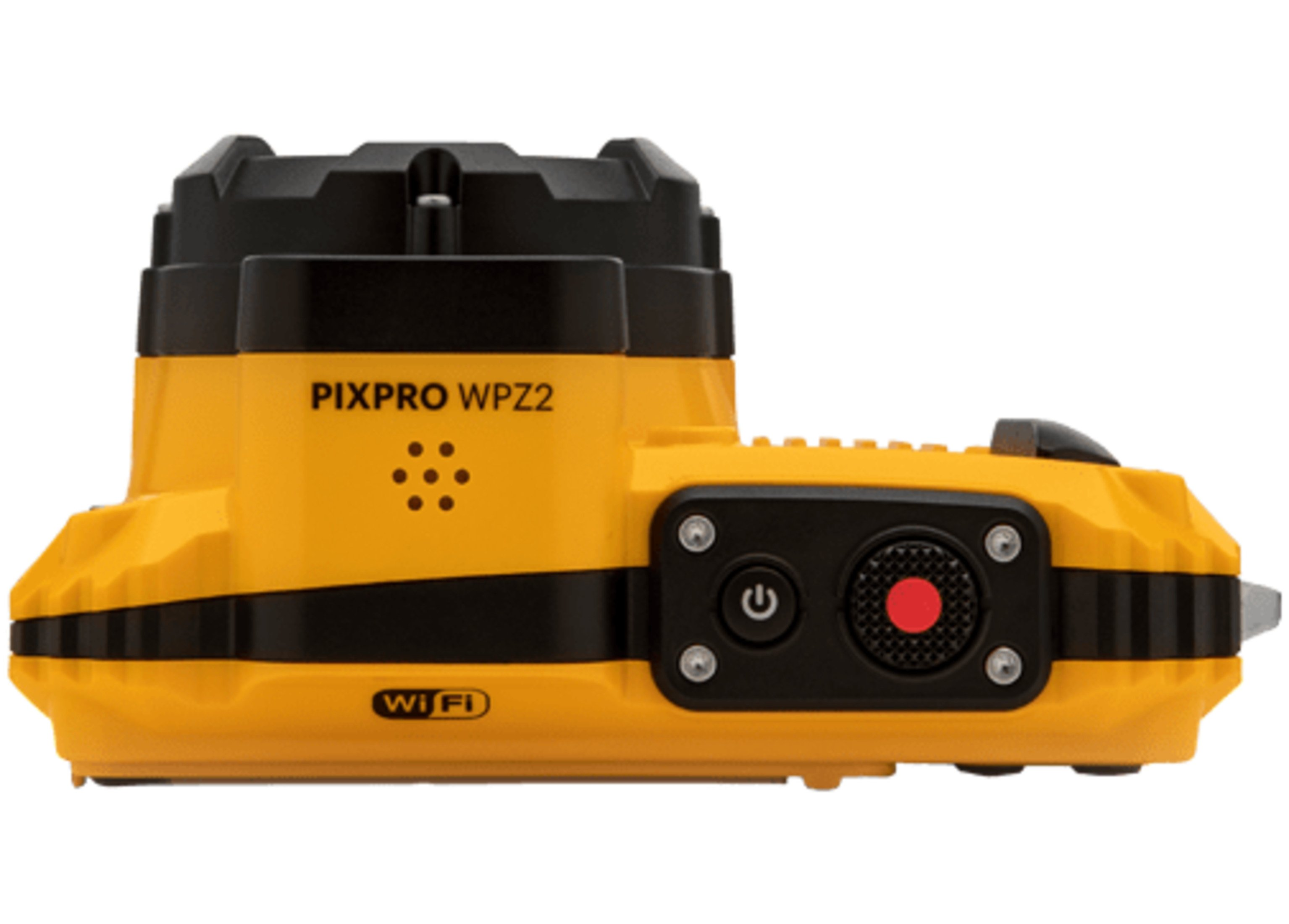 Żółto-czarna kamera sportowa. Ma przyciski i czerwony przycisk nagrywania. Widoczny tekst "PIXPRO WPZ2".