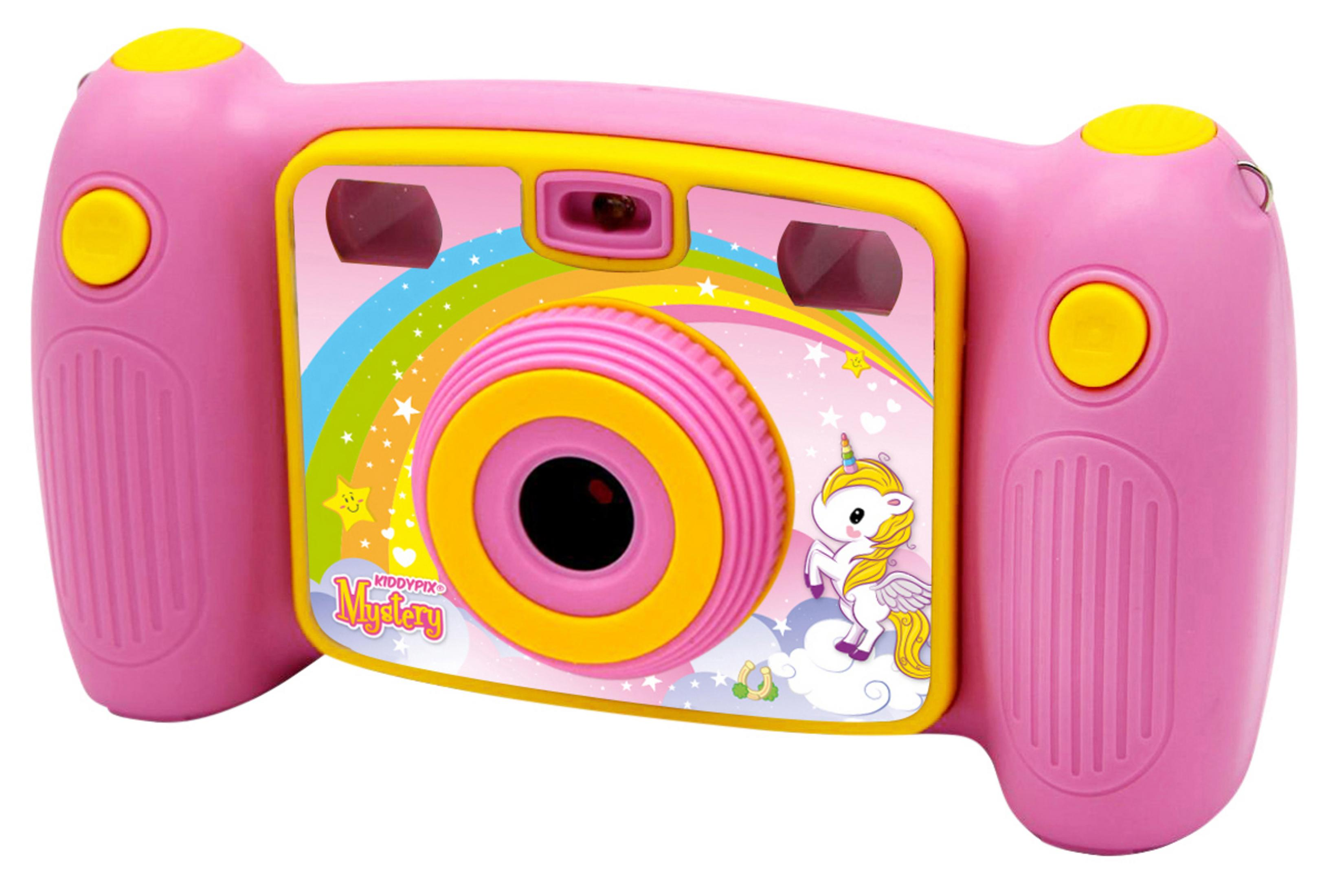 Różowy aparat zabawka, żółte przyciski, jednorożec, tęcza.