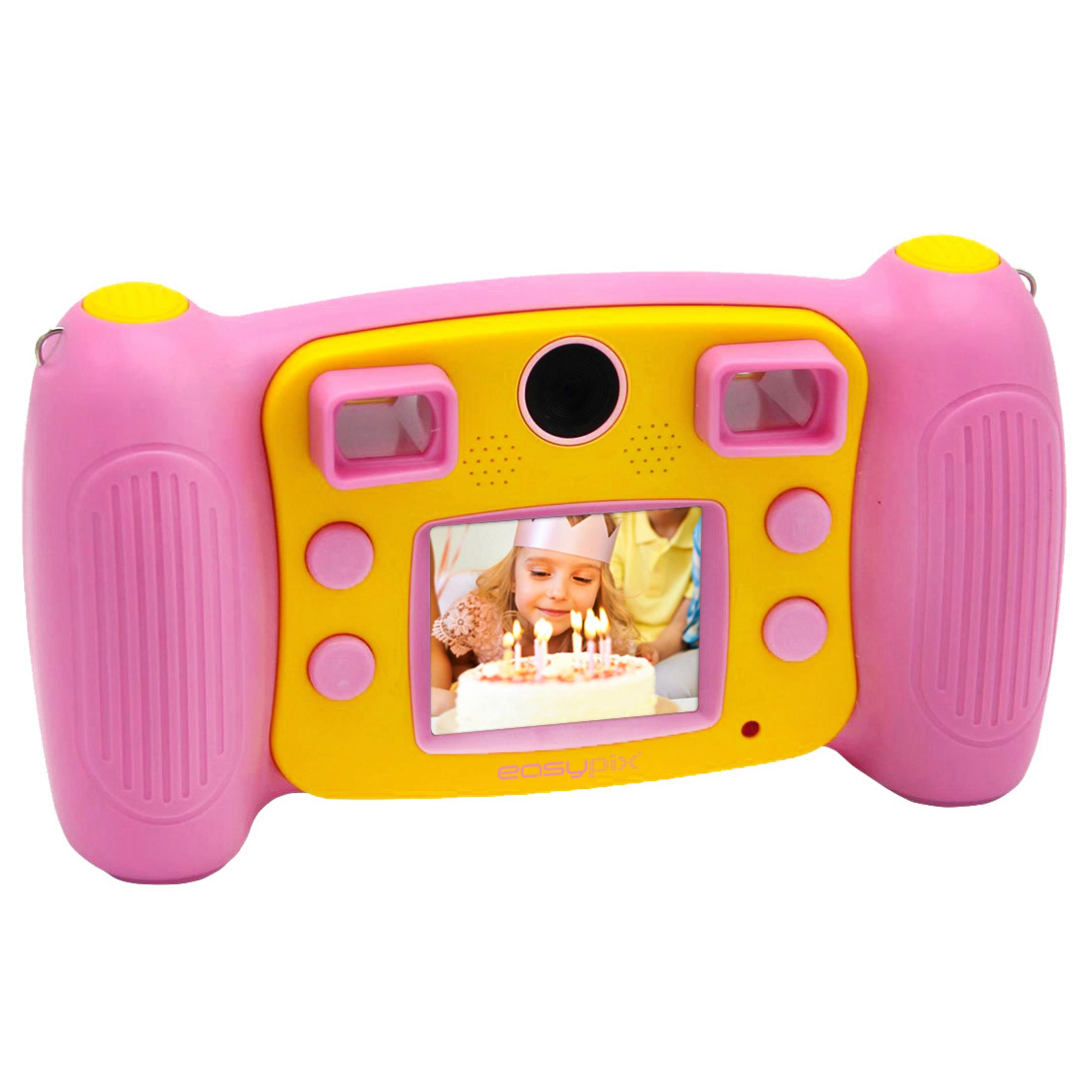 Różowa i żółta kamera dla dzieci wyświetlająca urodziny dziecka.