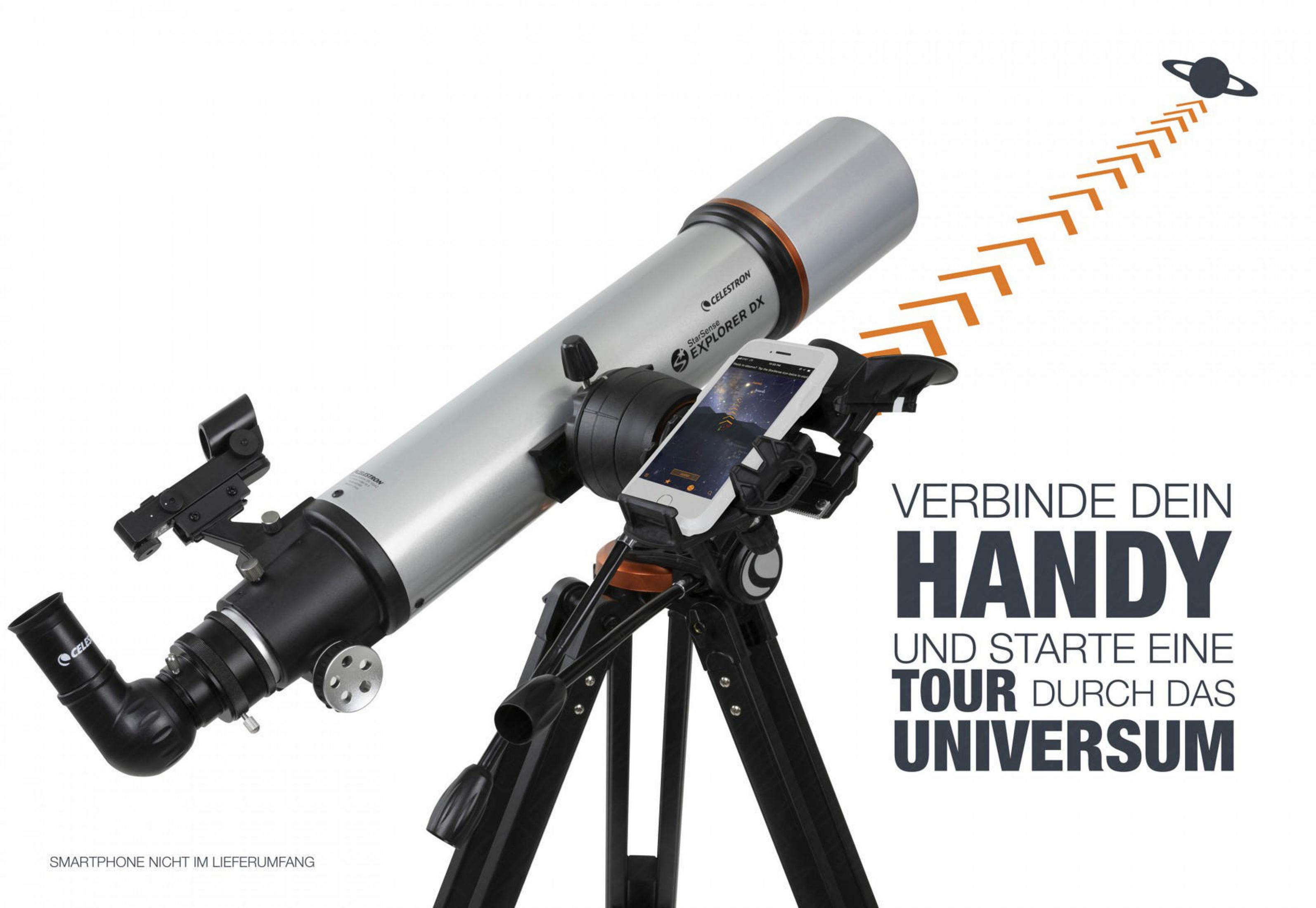 Telescopio con smartphone collegato, puntato verso un pianeta. Le frecce indicano la direzione.