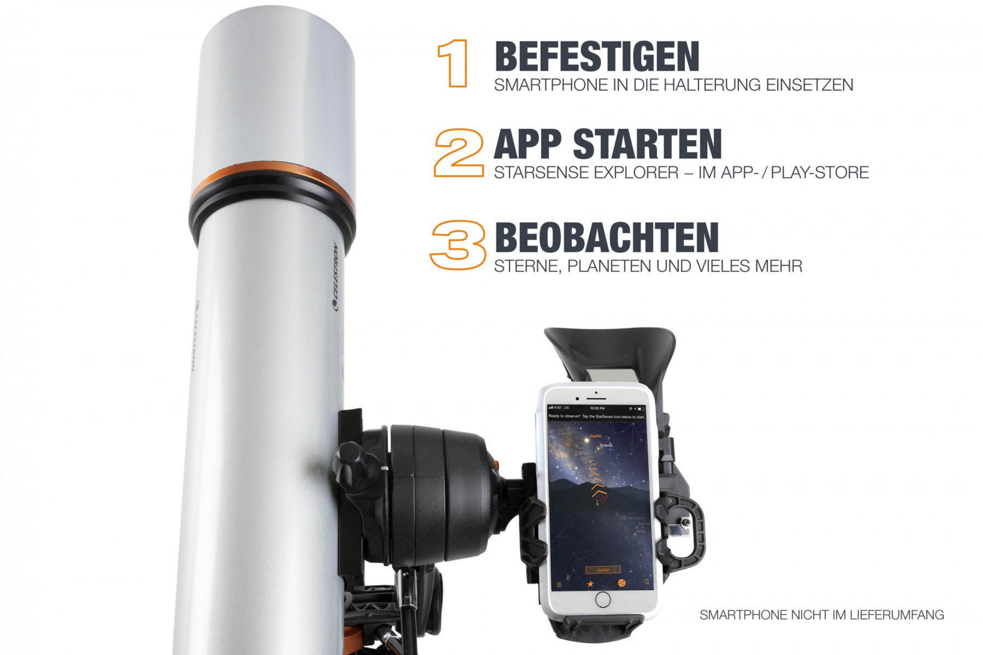 Telescopio con smartphone. Istruzioni in tedesco. Sfondo bianco.