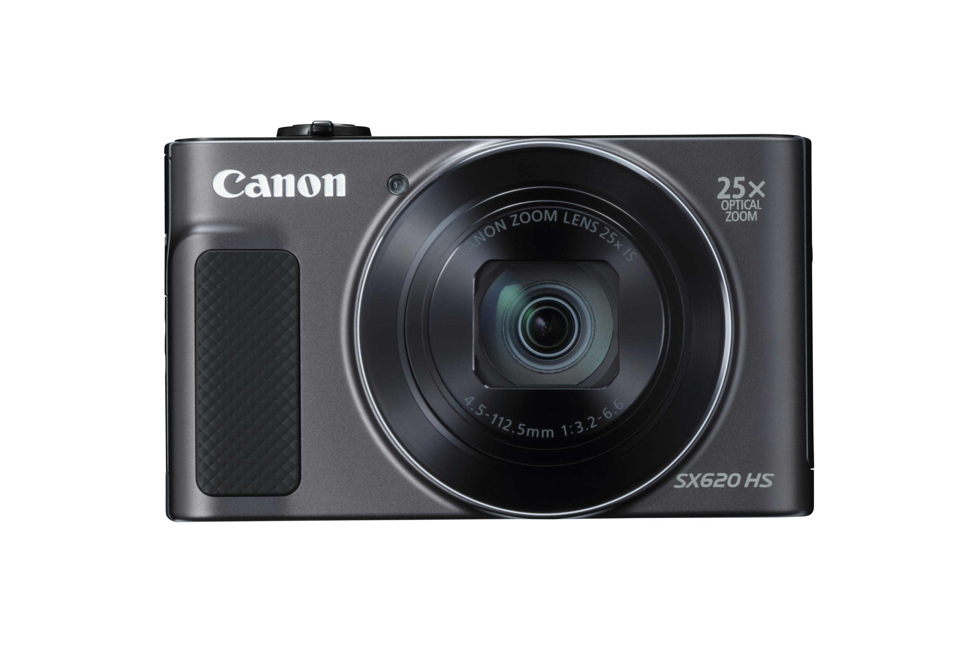 Eine dunkelgraue Canon-Kamera mit Objektiv und Bildschirm, vor weißem Hintergrund.
