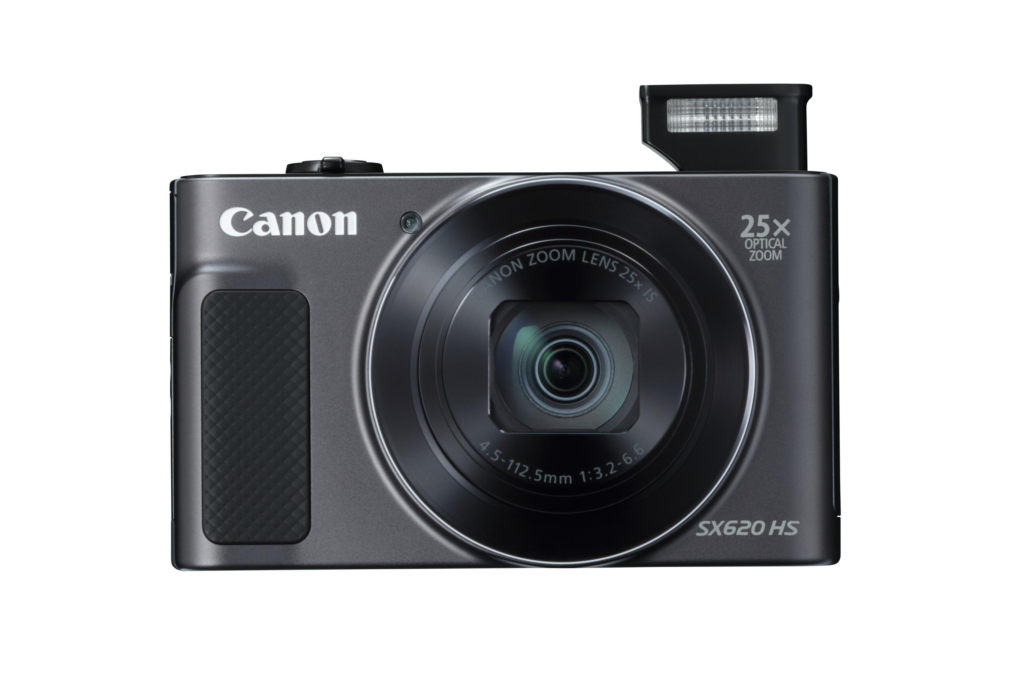 Graue Canon-Kamera mit Blitz, Objektiv und Knöpfen, vor weißem Hintergrund.