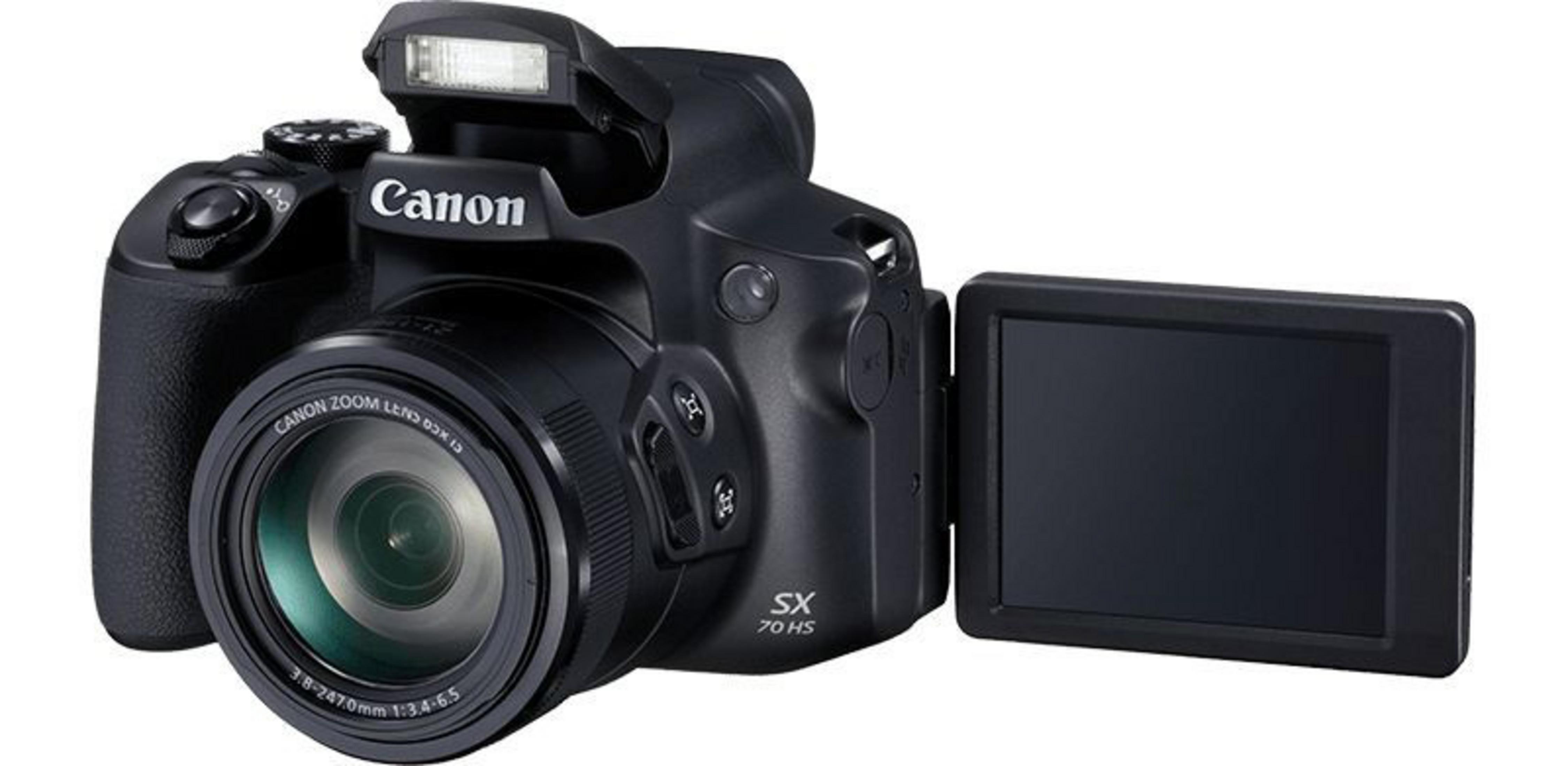 Una fotocamera Canon con schermo aperto.