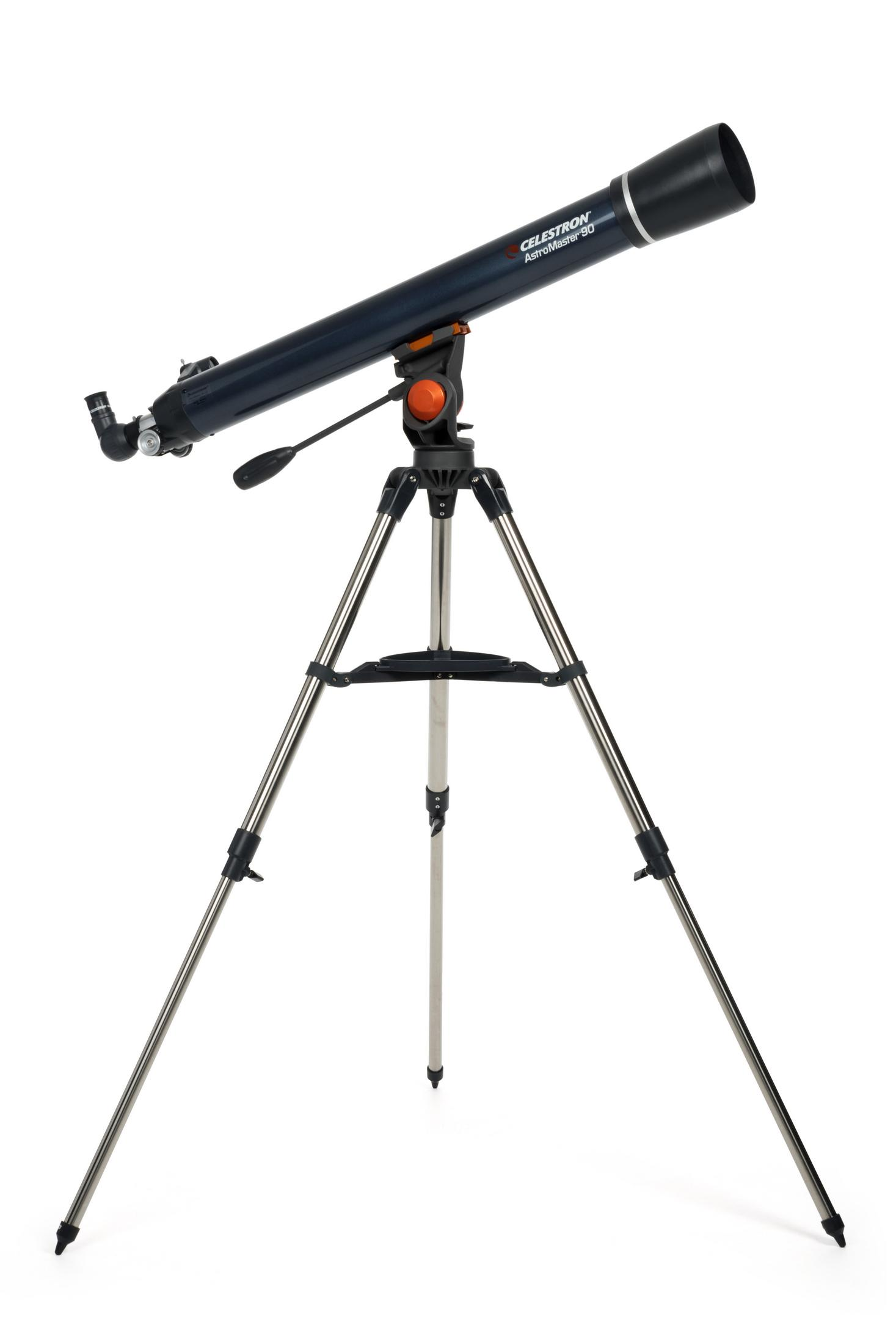Ein dunkles Teleskop auf einem Stativ, weißer Hintergrund. Das Celestron-Logo ist sichtbar.