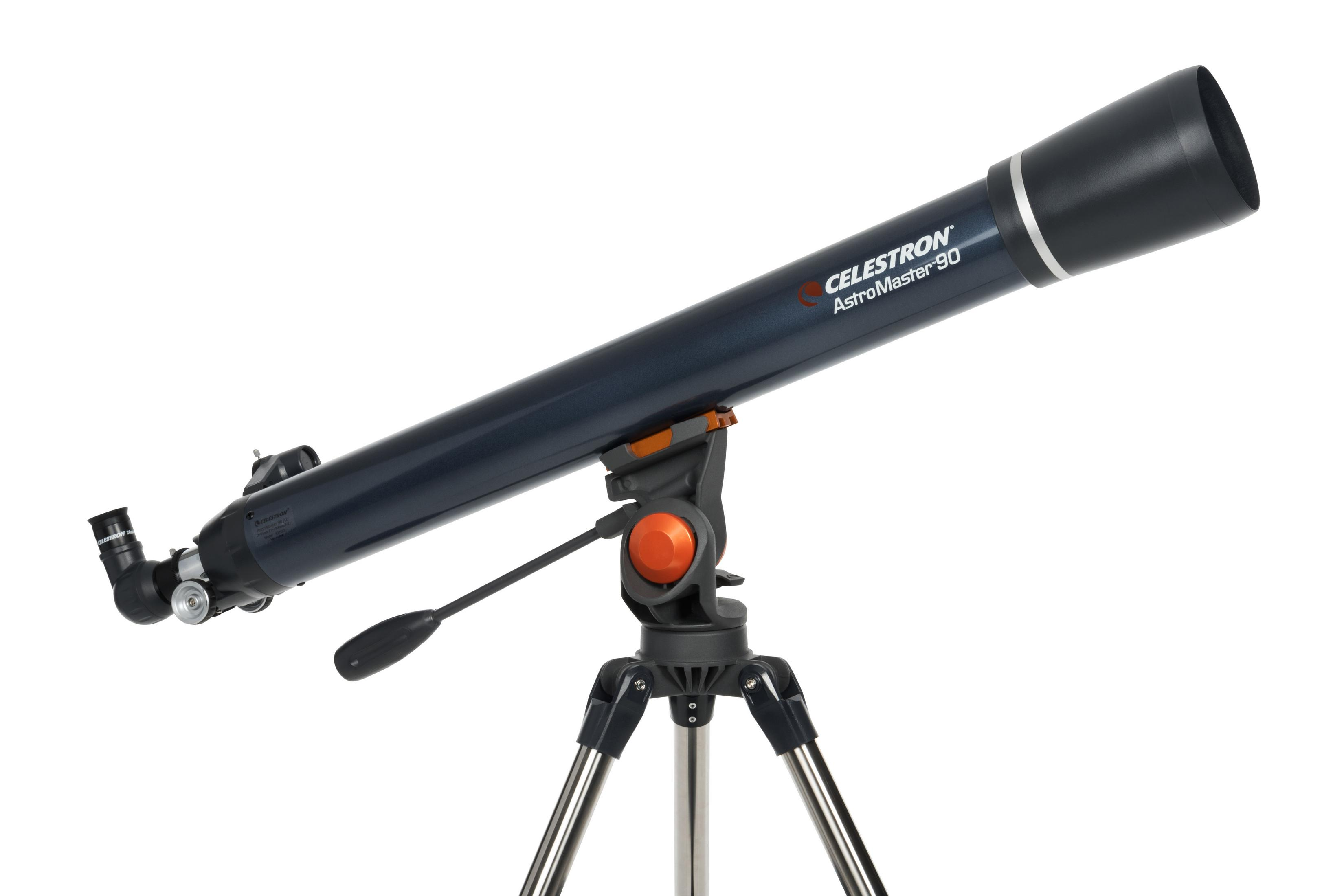 Dunkelblaues Celestron AstroMaster 90 Teleskop. Es steht auf einem Stativ. Text: AstroMaster 90.