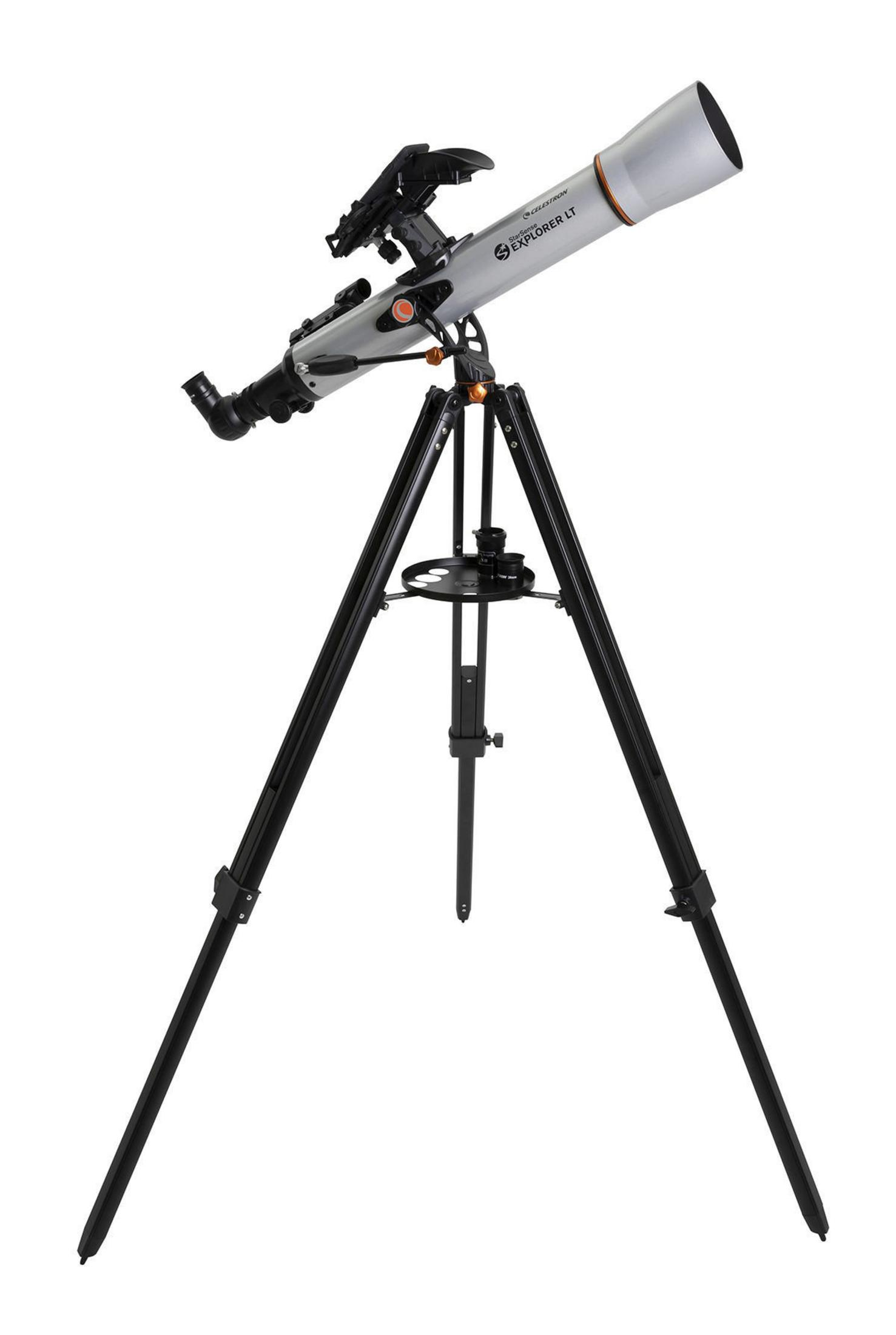 Celestron Teleskop auf einem Stativ. Silber und schwarz.
