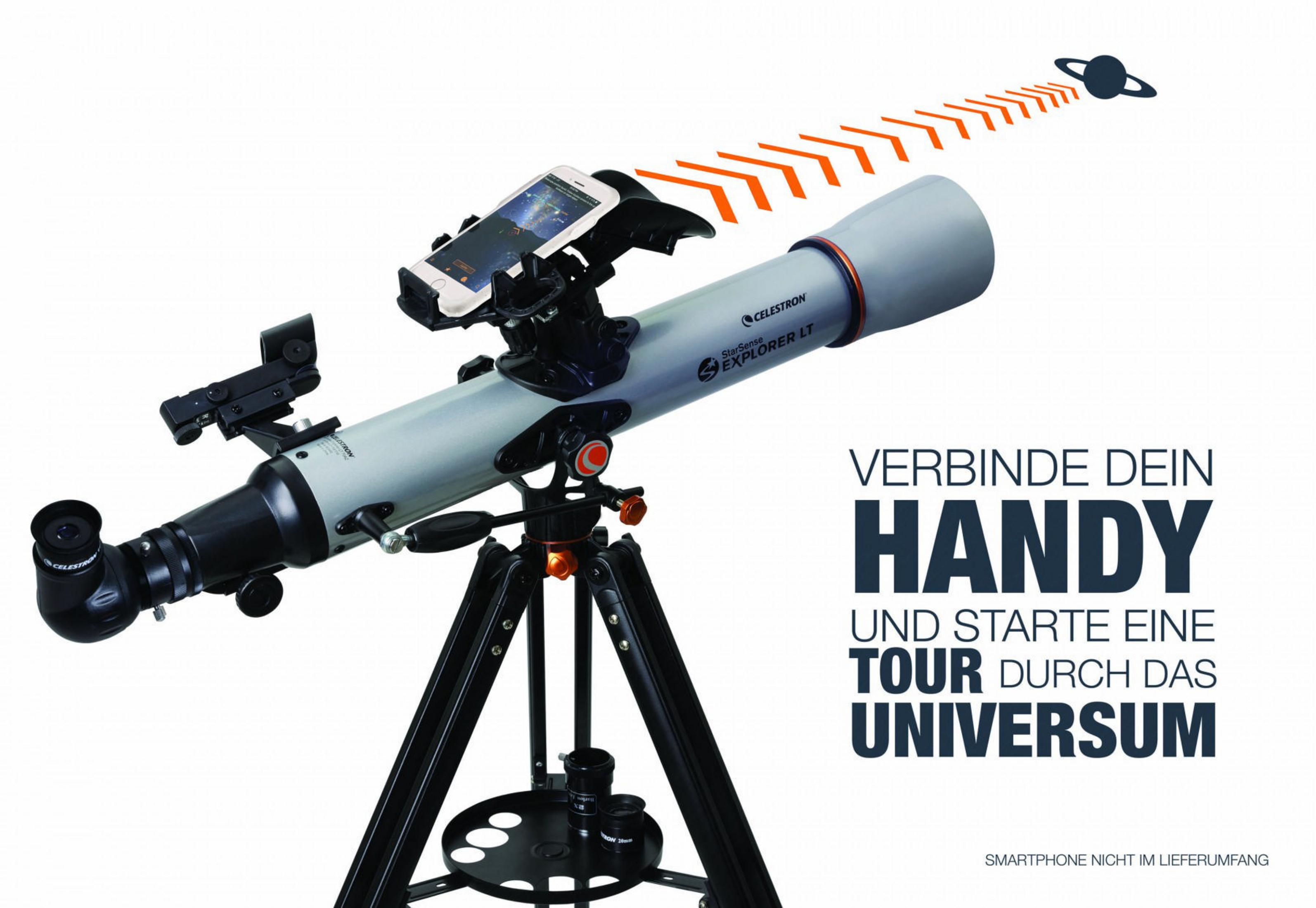 Teleskop mit Telefon, das auf einen Planeten zielt. Text: Verbinde dein Handy und starte eine Tour durch das Universum.
