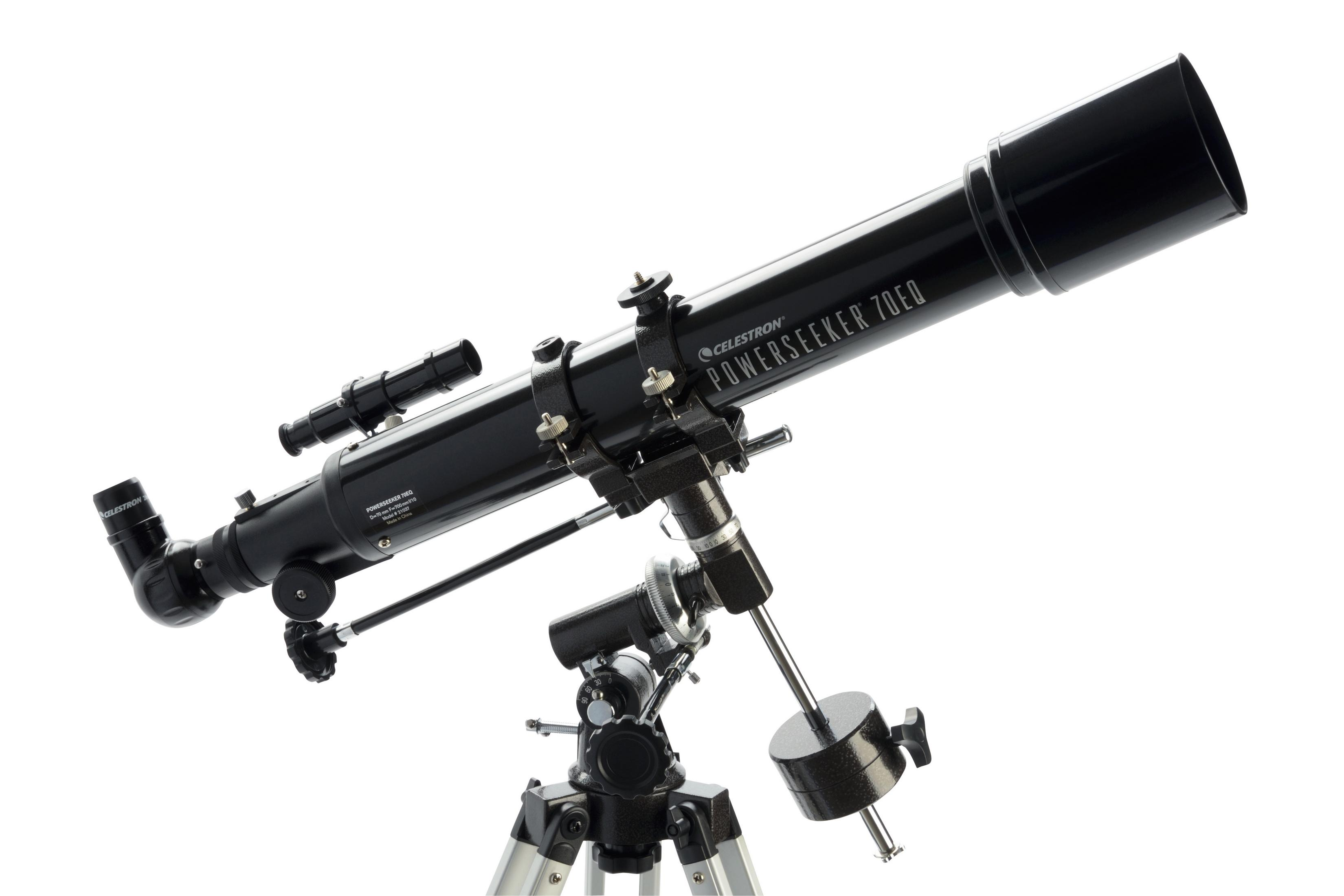 Schwarzes Celestron Powerseeker 70EQ Teleskop auf weißem Hintergrund, mit Stativ.