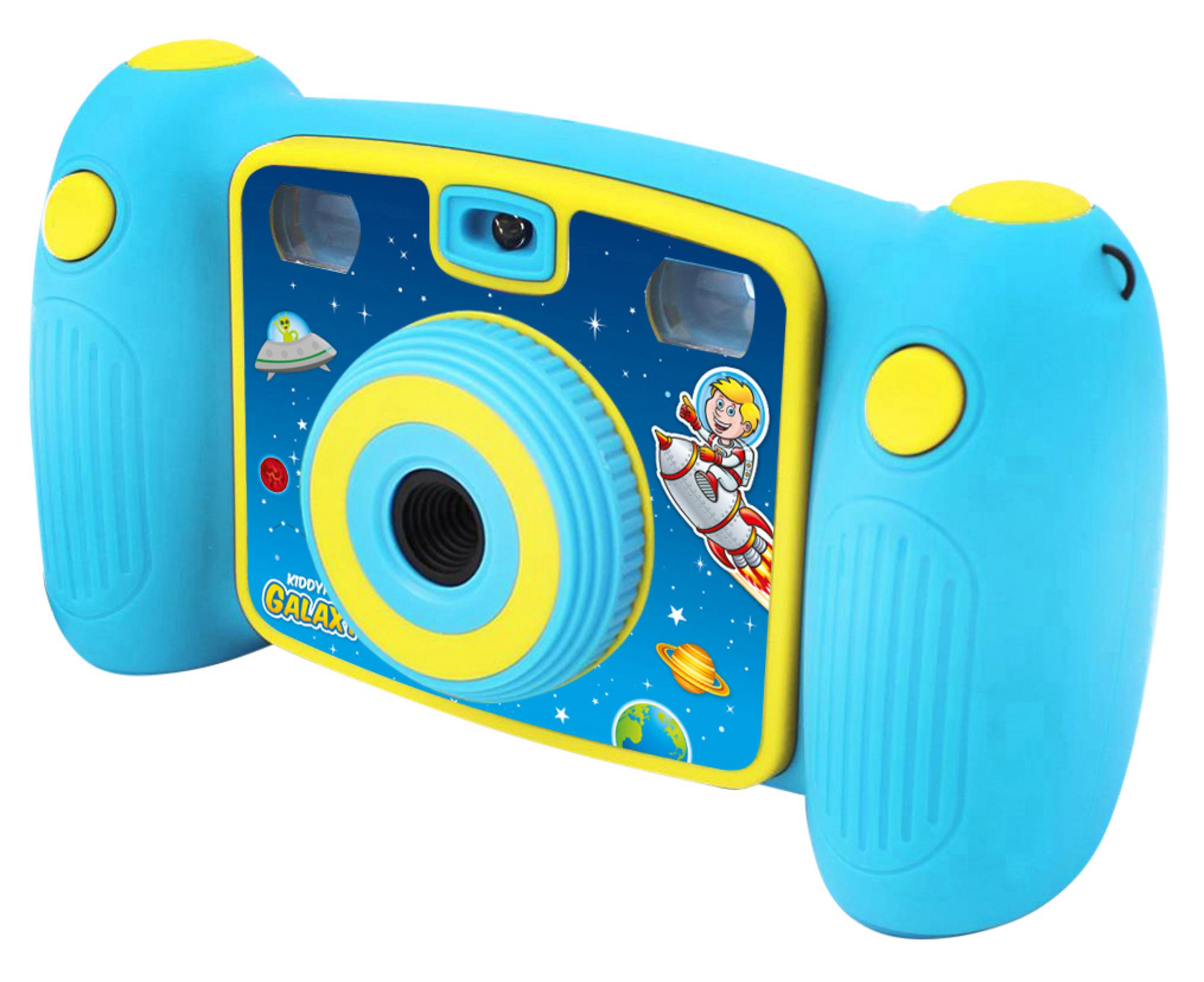 Eine blaue Spielzeugkamera mit Weltraumthema. Mit Knöpfen, Objektiv und einem Cartoon-Astronautenbild.