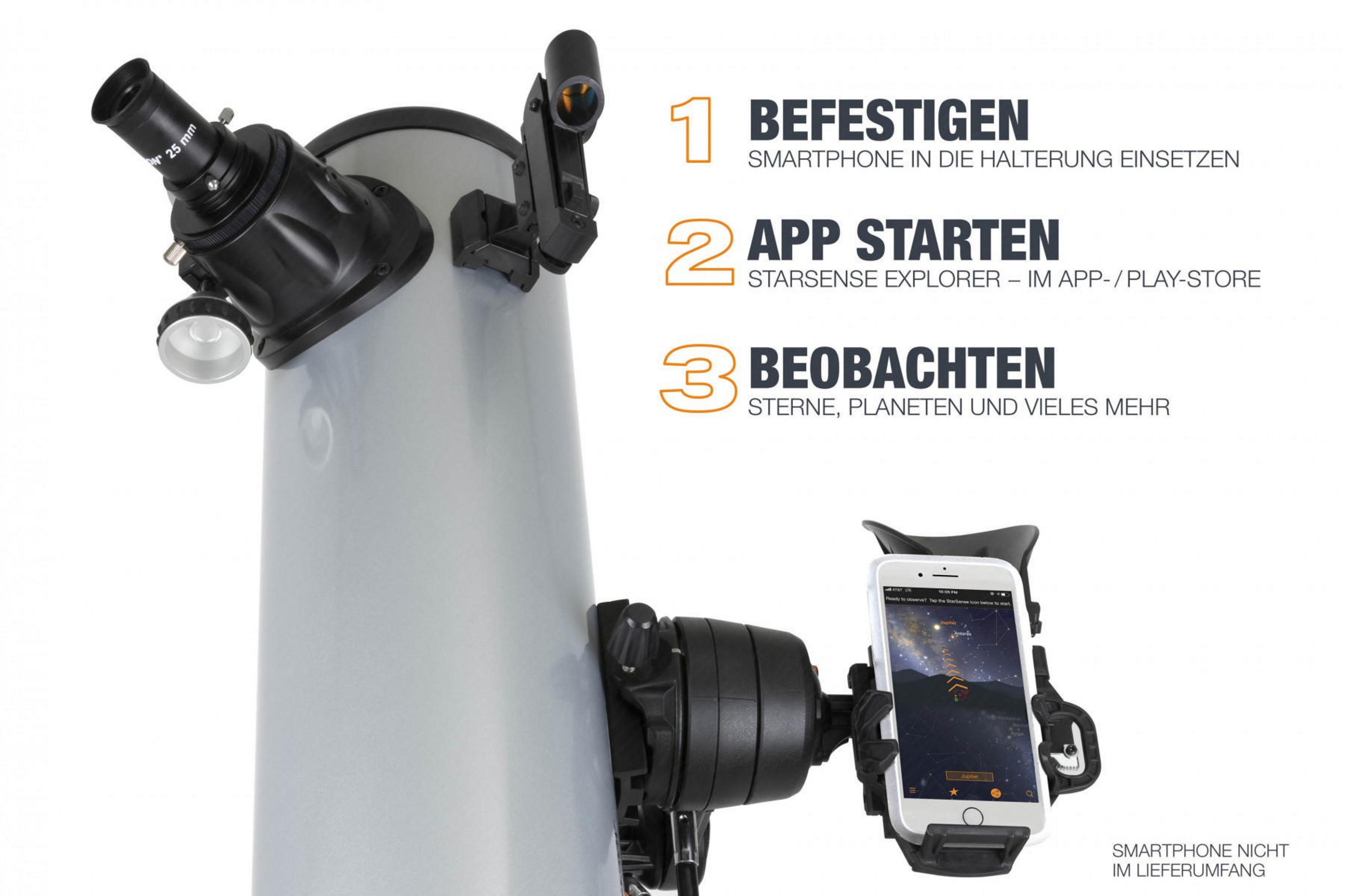 Teleskop mit Smartphone, zeigt Sterne. Anweisungen zur Verwendung.