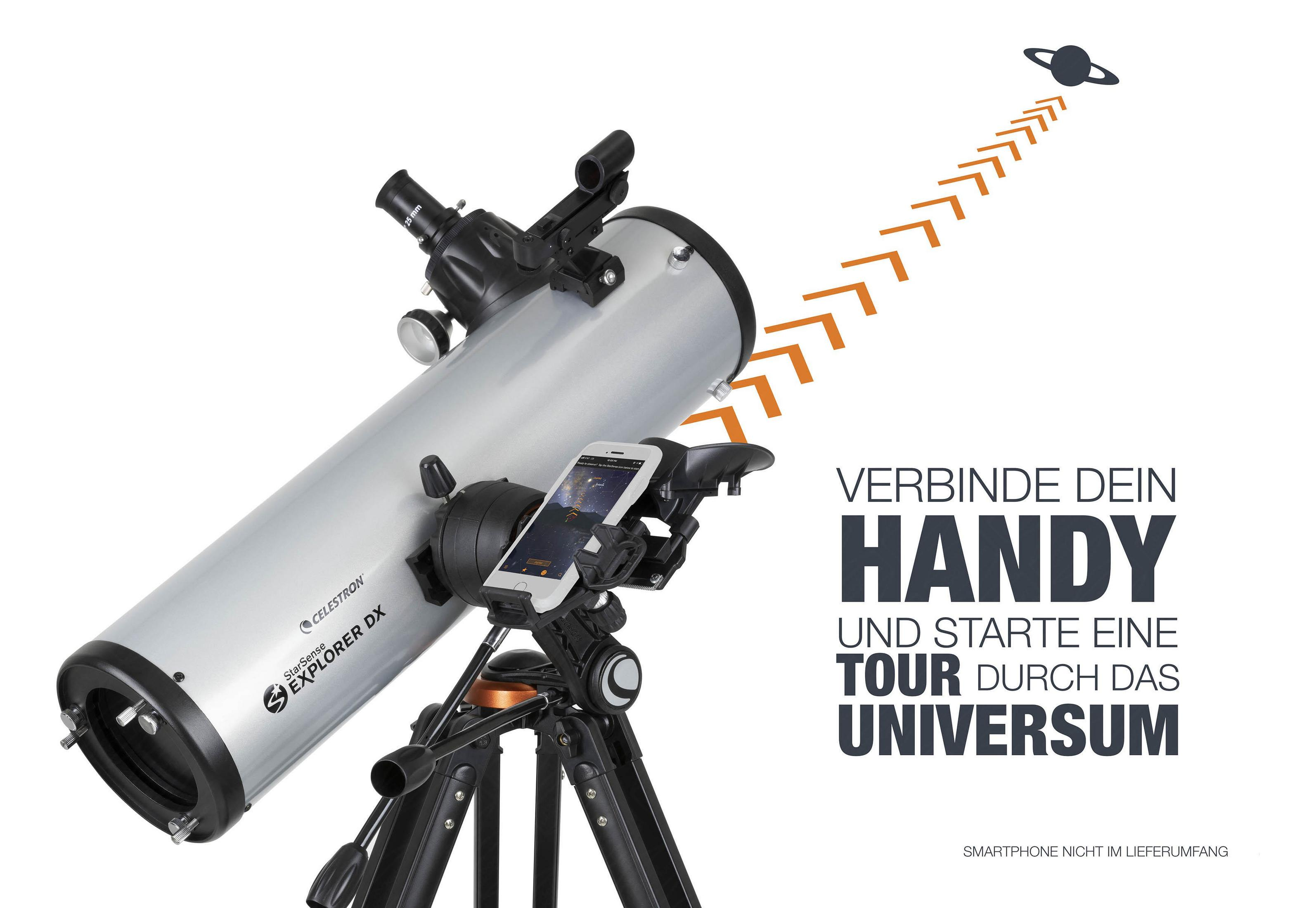 Teleskop mit Smartphone und Text zum Verbinden mit dem Universum.