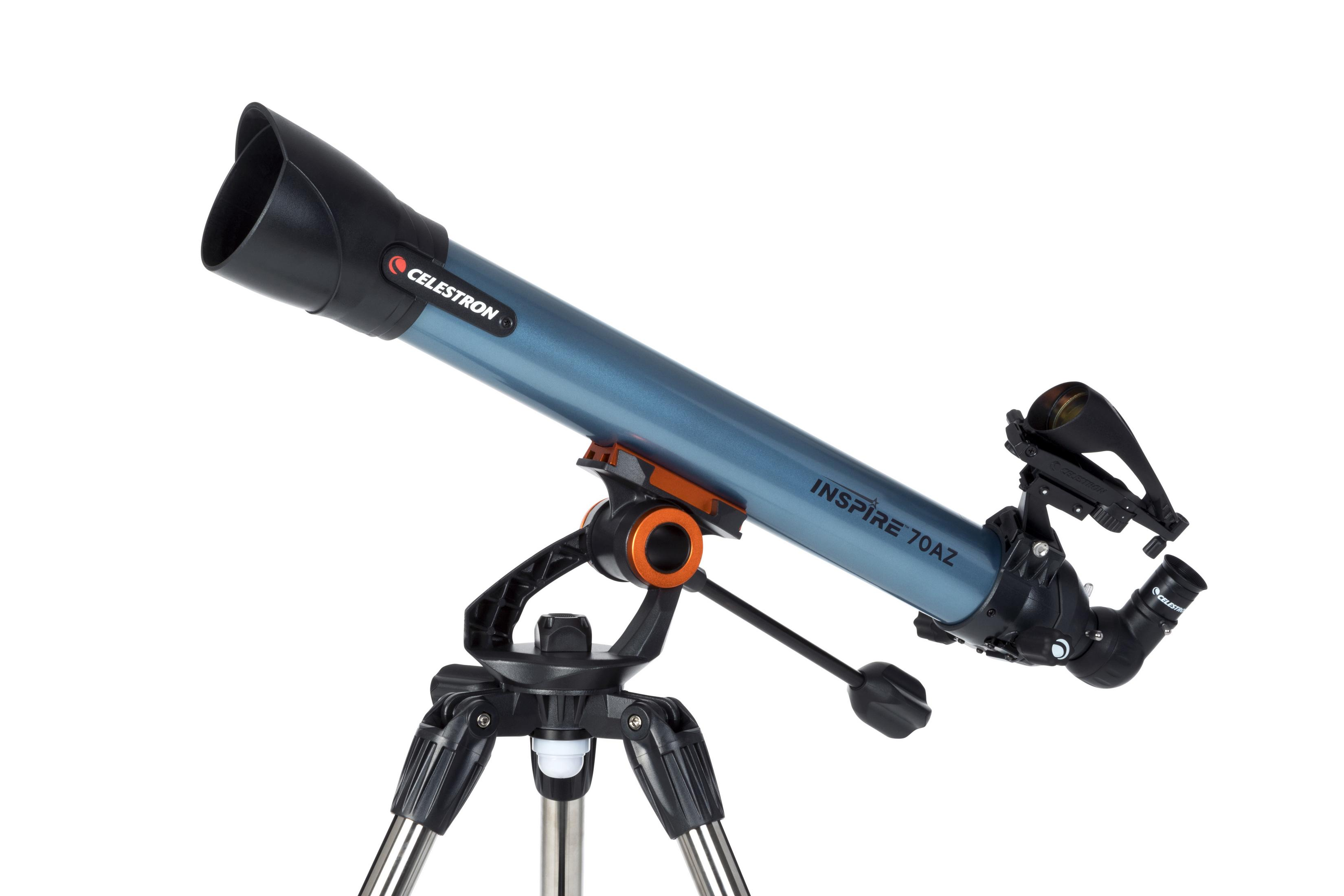 Ein blaues Teleskop auf einem Stativ, weißer Hintergrund. 'Celestron' und 'Inspire 70AZ' sind sichtbar.