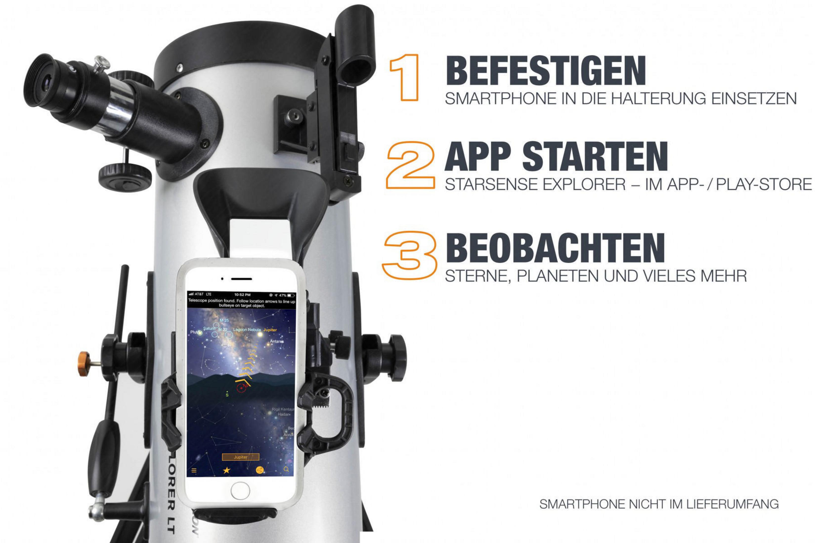 Teleskop mit Smartphone befestigt. Text: 1. Smartphone befestigen, 2. App starten, 3. Beobachten.
