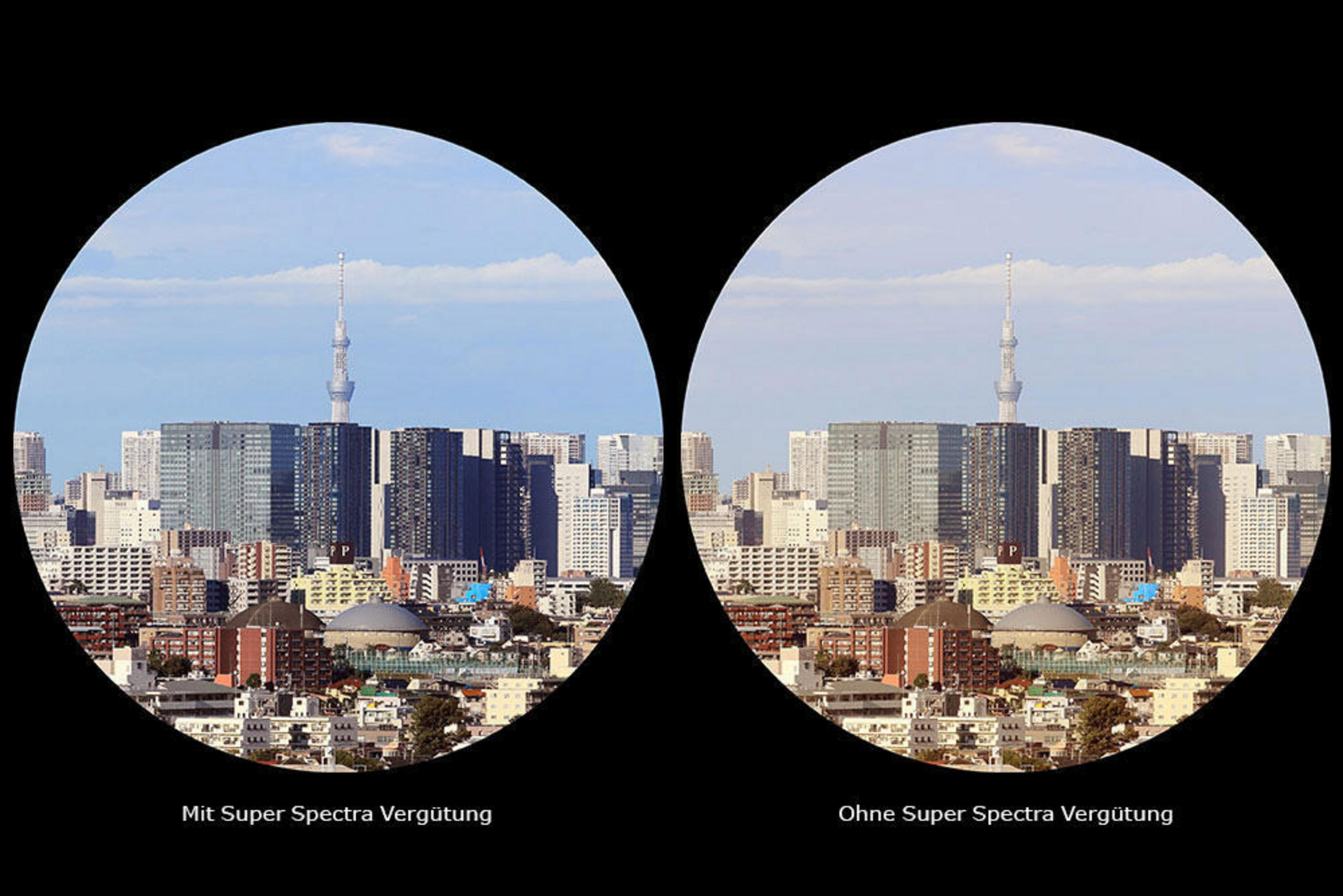 Dwa okrągłe widoki krajobrazu miejskiego, jeden z i jeden bez powłoki super spectra.