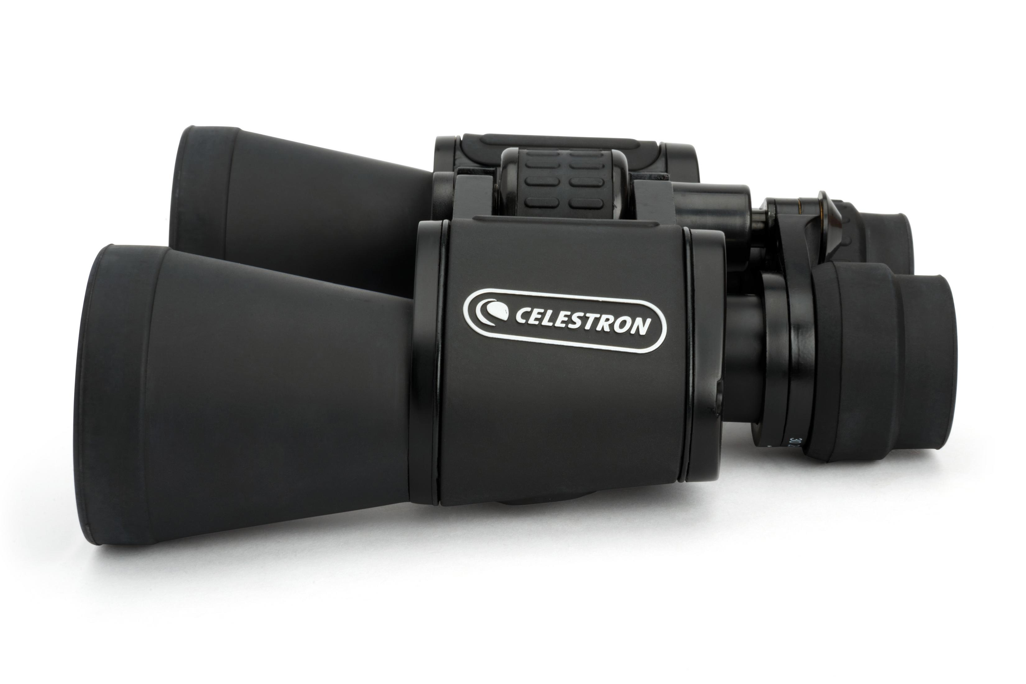 Schwarzes Fernglas mit weißem Celestron-Logo vor weißem Hintergrund.
