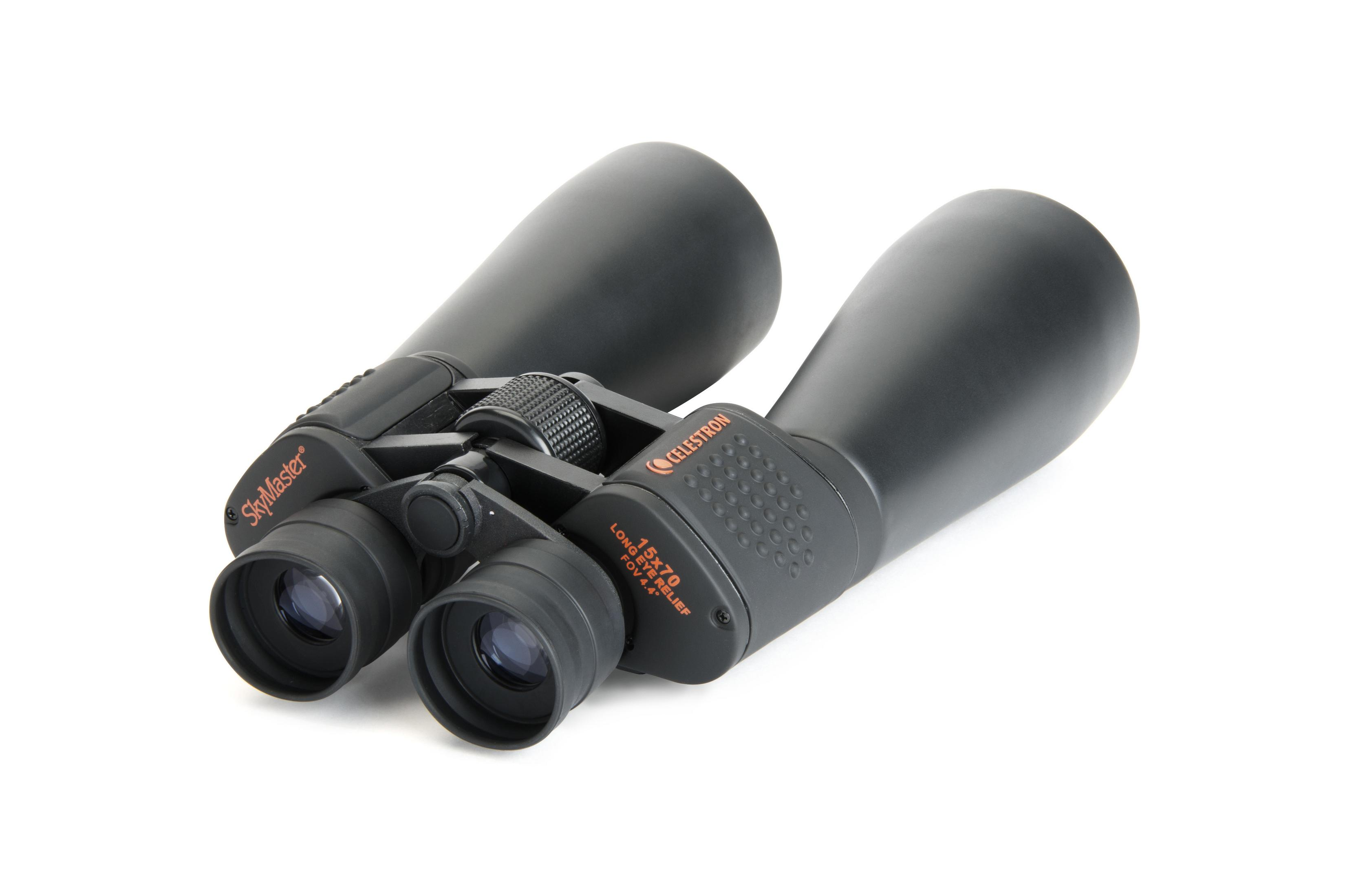 Schwarzes Fernglas auf weißem Hintergrund. Das Fernglas hat orangefarbenen und roten Text.
