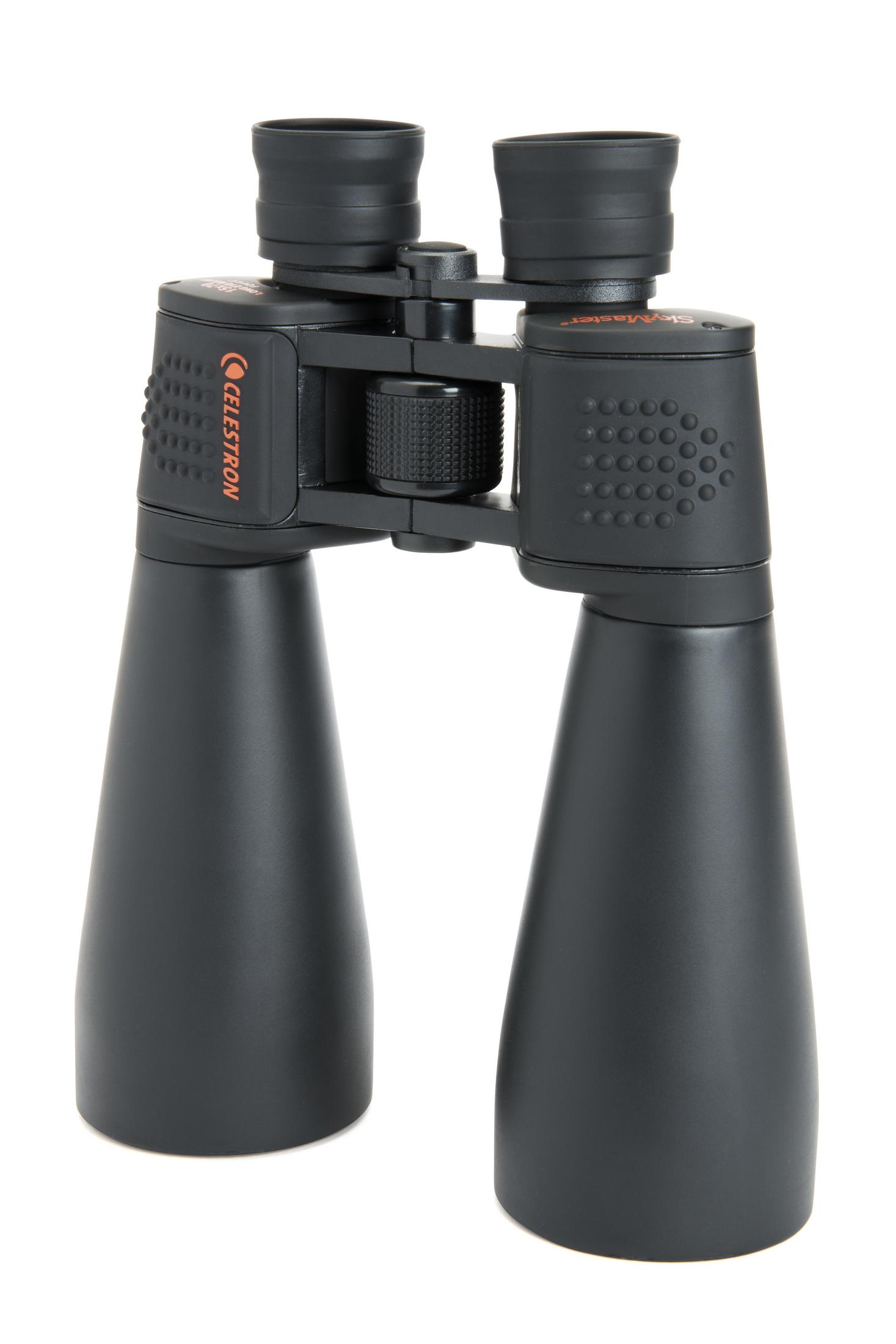 Großes schwarzes Fernglas mit orangefarbenem Celestron-Logo, auf weißem Hintergrund.
