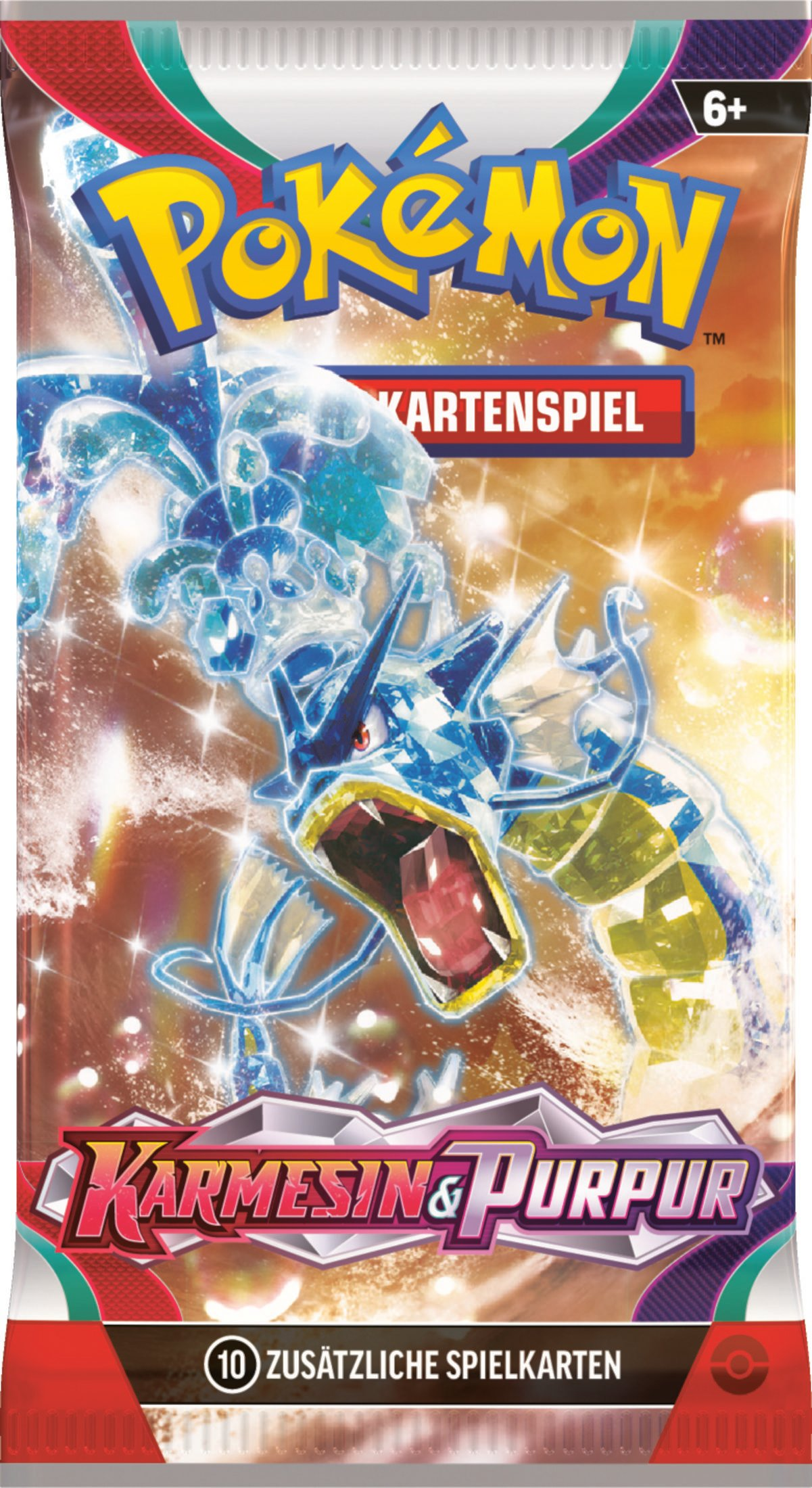 Pokemon-Sammelkartenpackung. Es ist rot und weiß mit verschiedenen Charakteren und Text darauf.