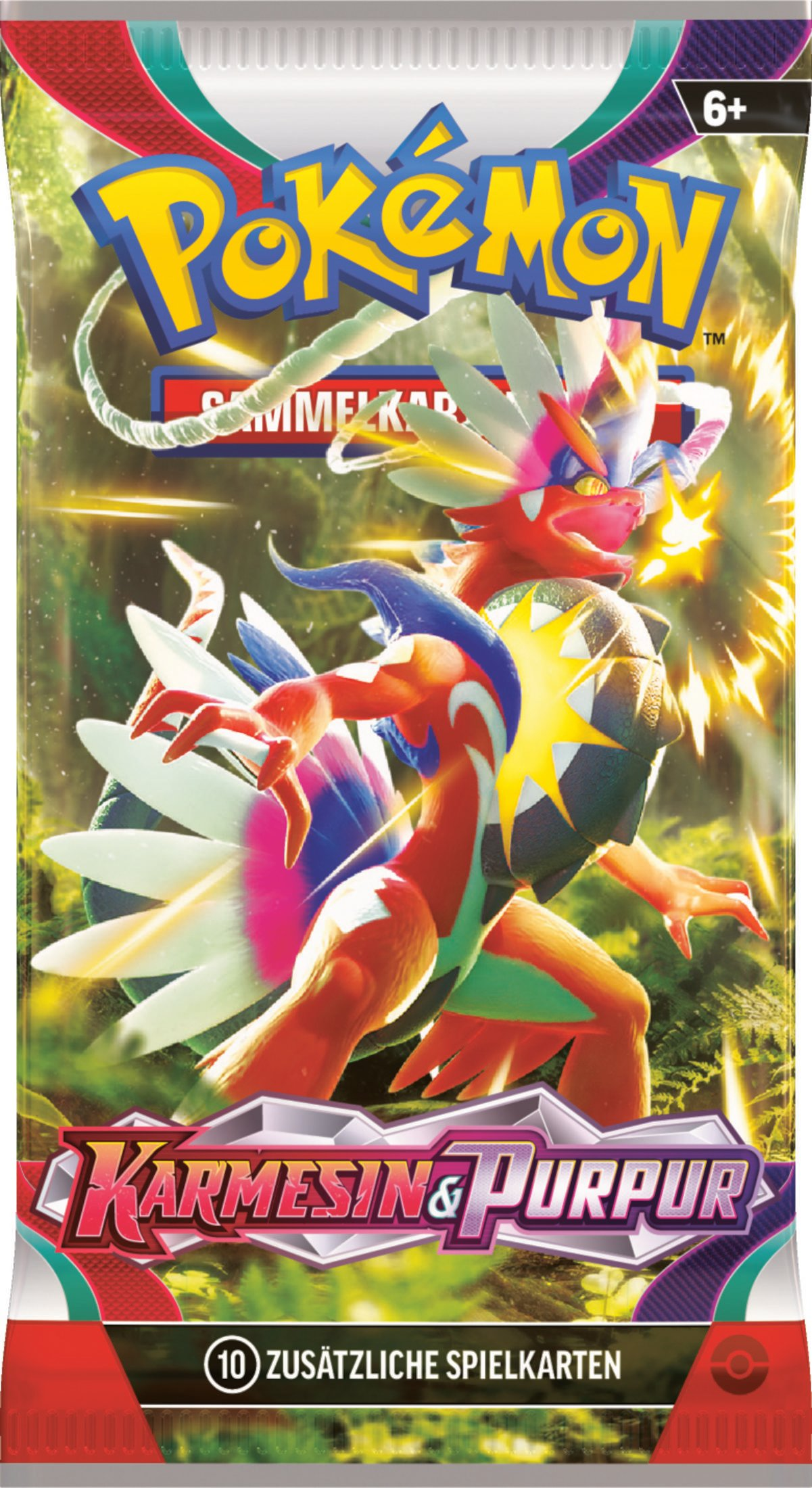 Pokemon-Kartenpackung: farbenfrohes Design mit Charakteren und Text. Weißer Hintergrund.