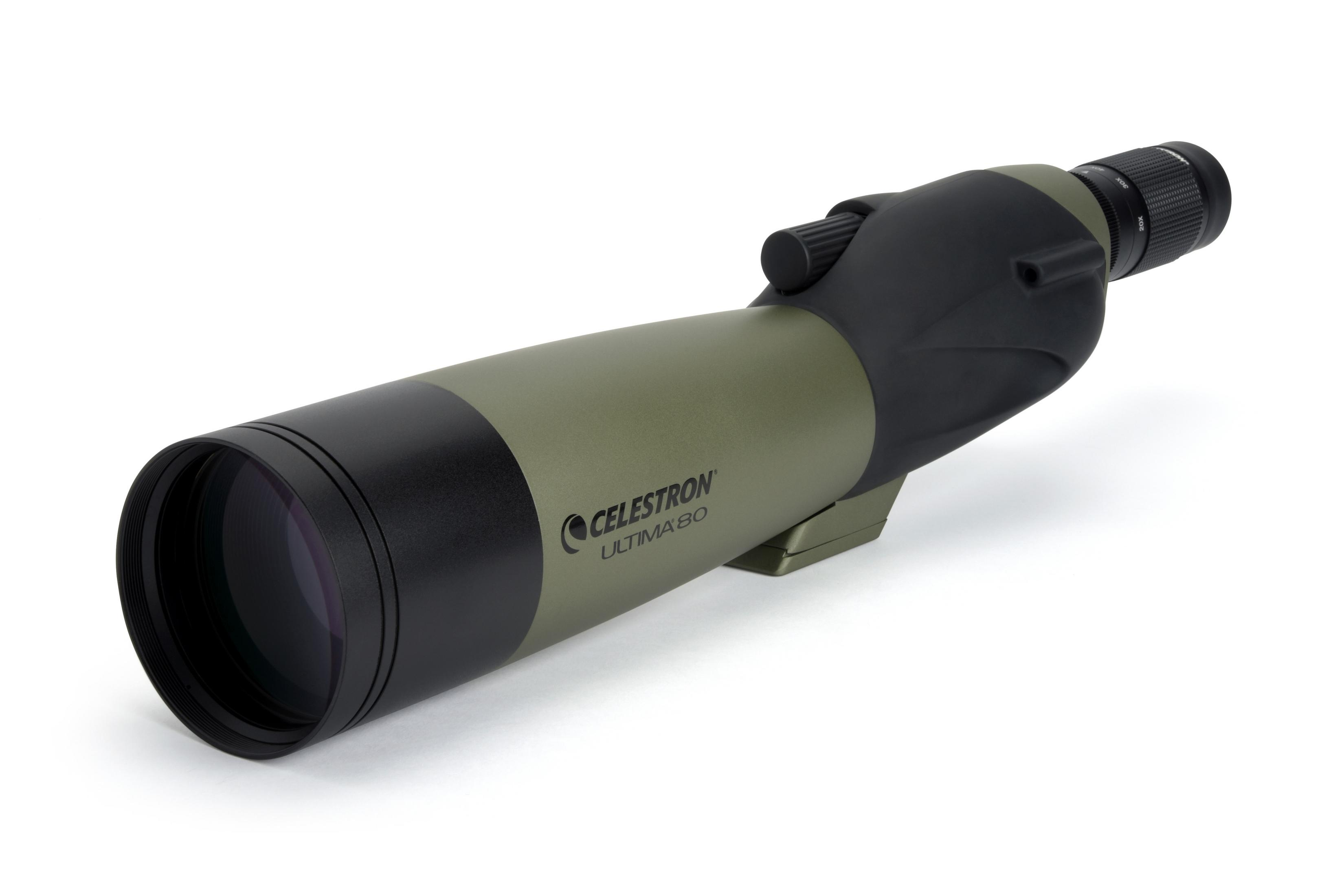 Celestron Ultima 80 Spektiv. Olivgrüner und schwarzer Körper, weißer Hintergrund.