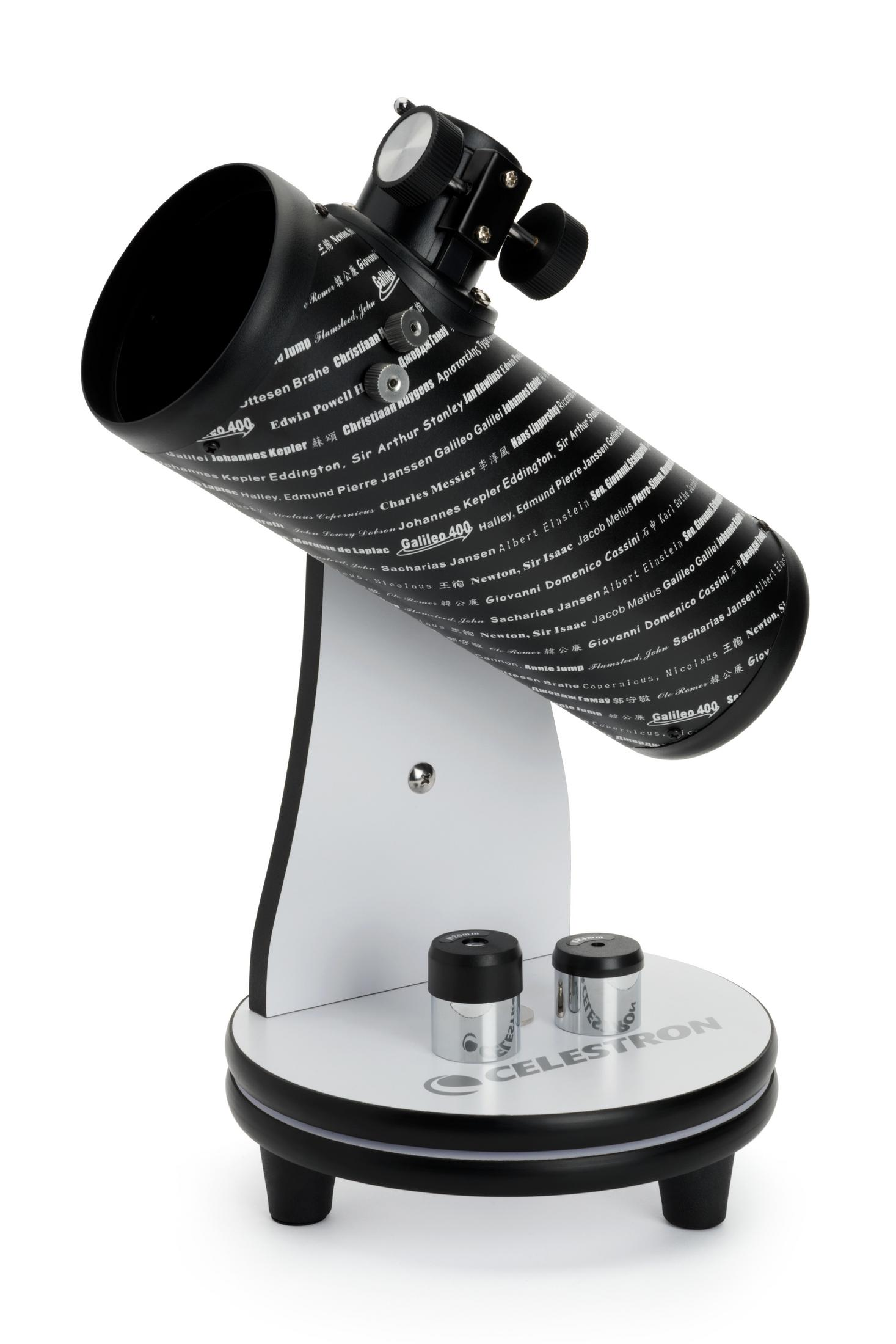 Schwarz-weißes Teleskop mit Namen und Ständer.