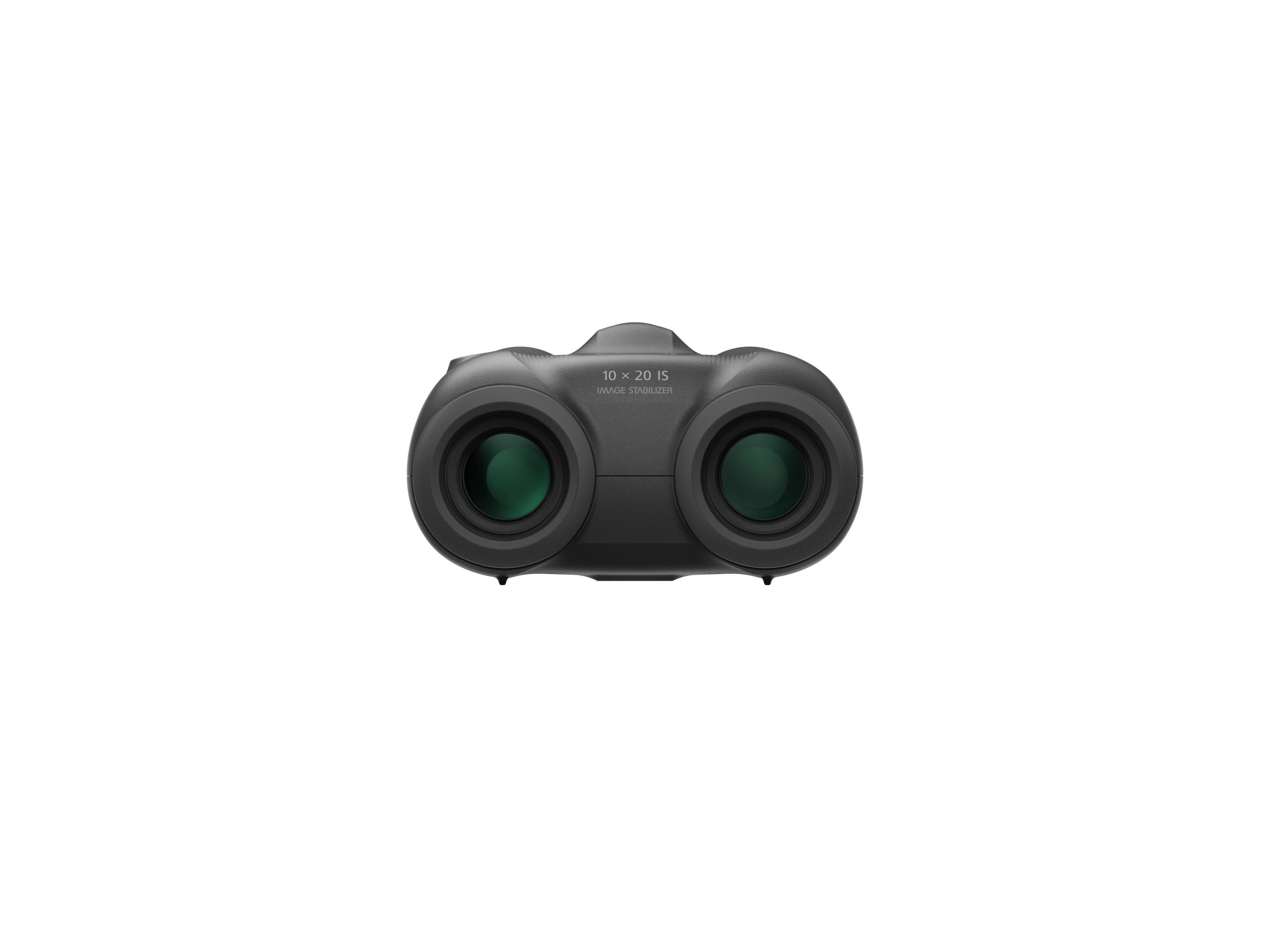 Czarna lornetka, 10x20 IS, stabilizator obrazu, białe tło.