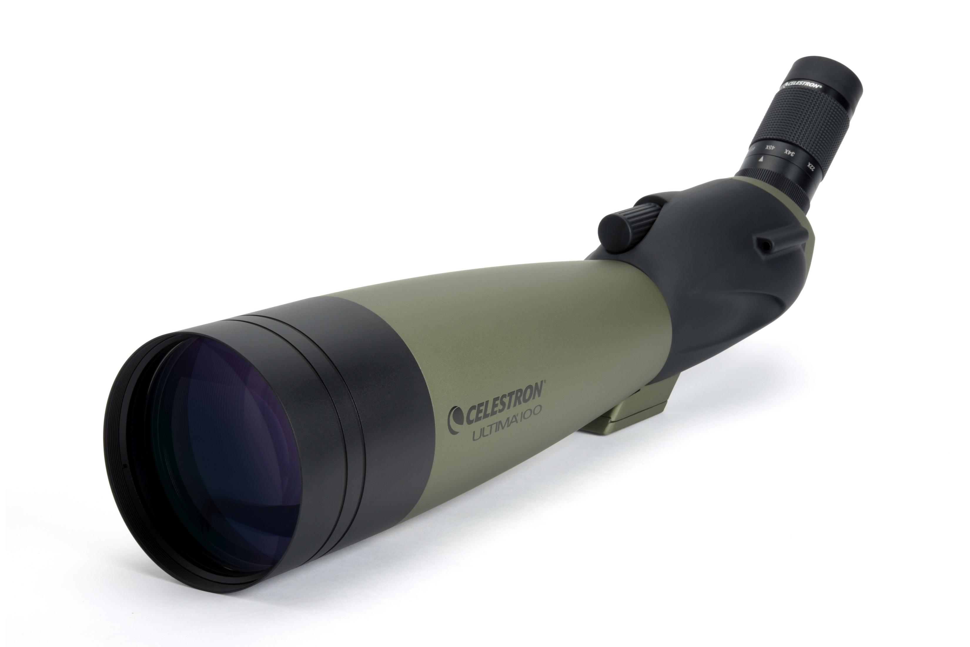 Ein grün-schwarzes Celestron Spektiv. Es hat ein schwarzes Fokusrad und einen langen Lauf.