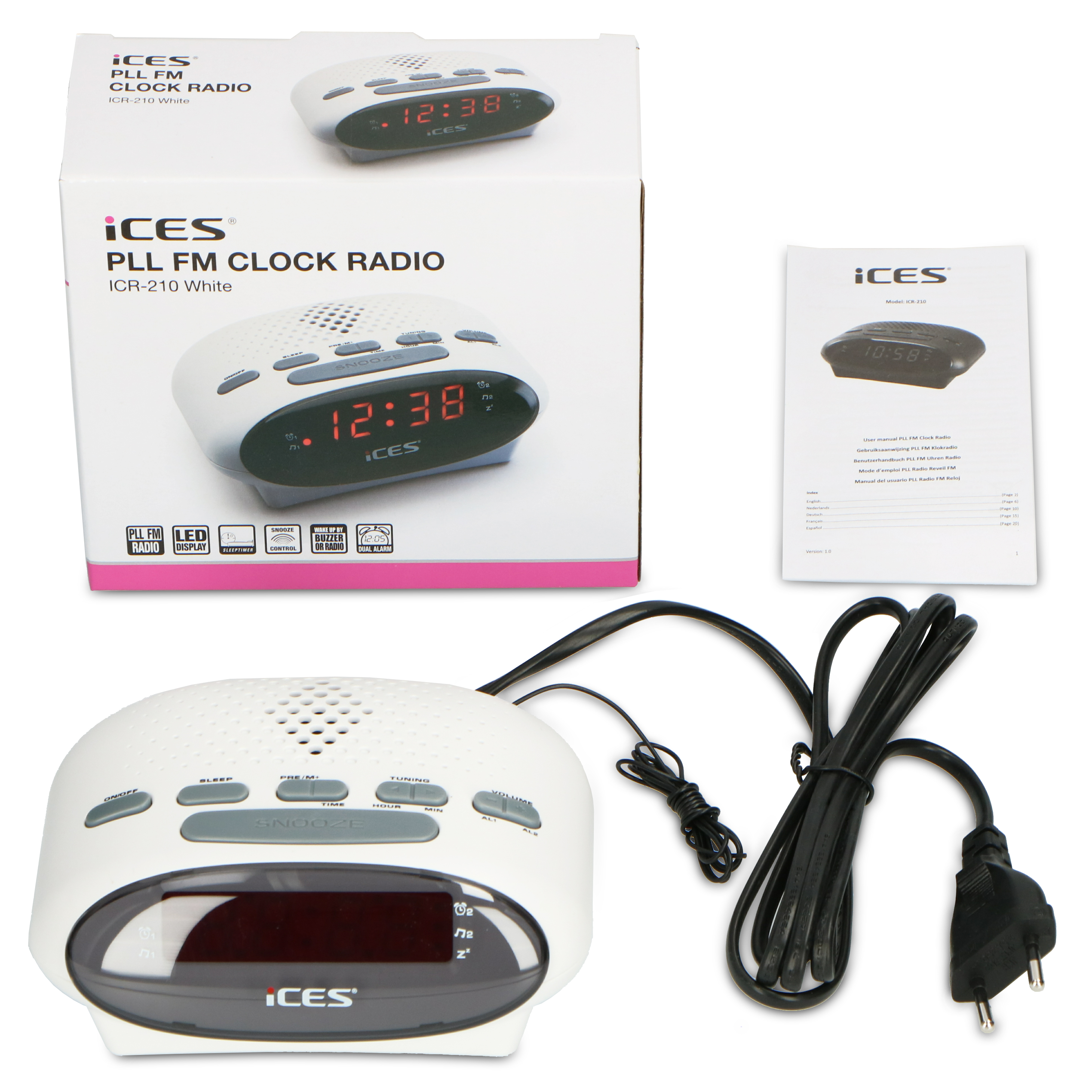 ICES ICR-210 White Radiowecker, PLL UKW Tuner, FM, Weiß