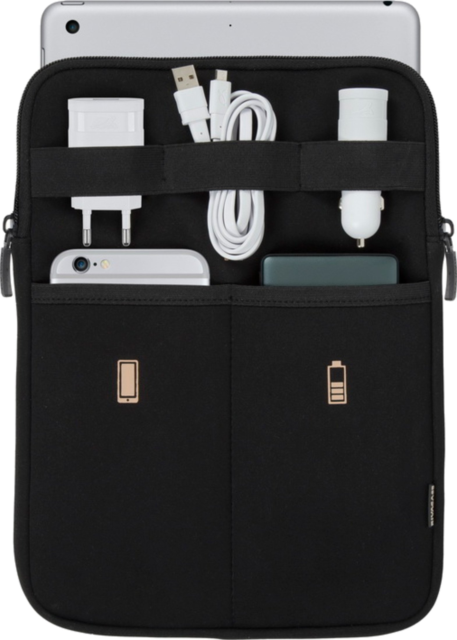 Estuche negro con tableta, cables, cargadores y otros accesorios. Vista interior.