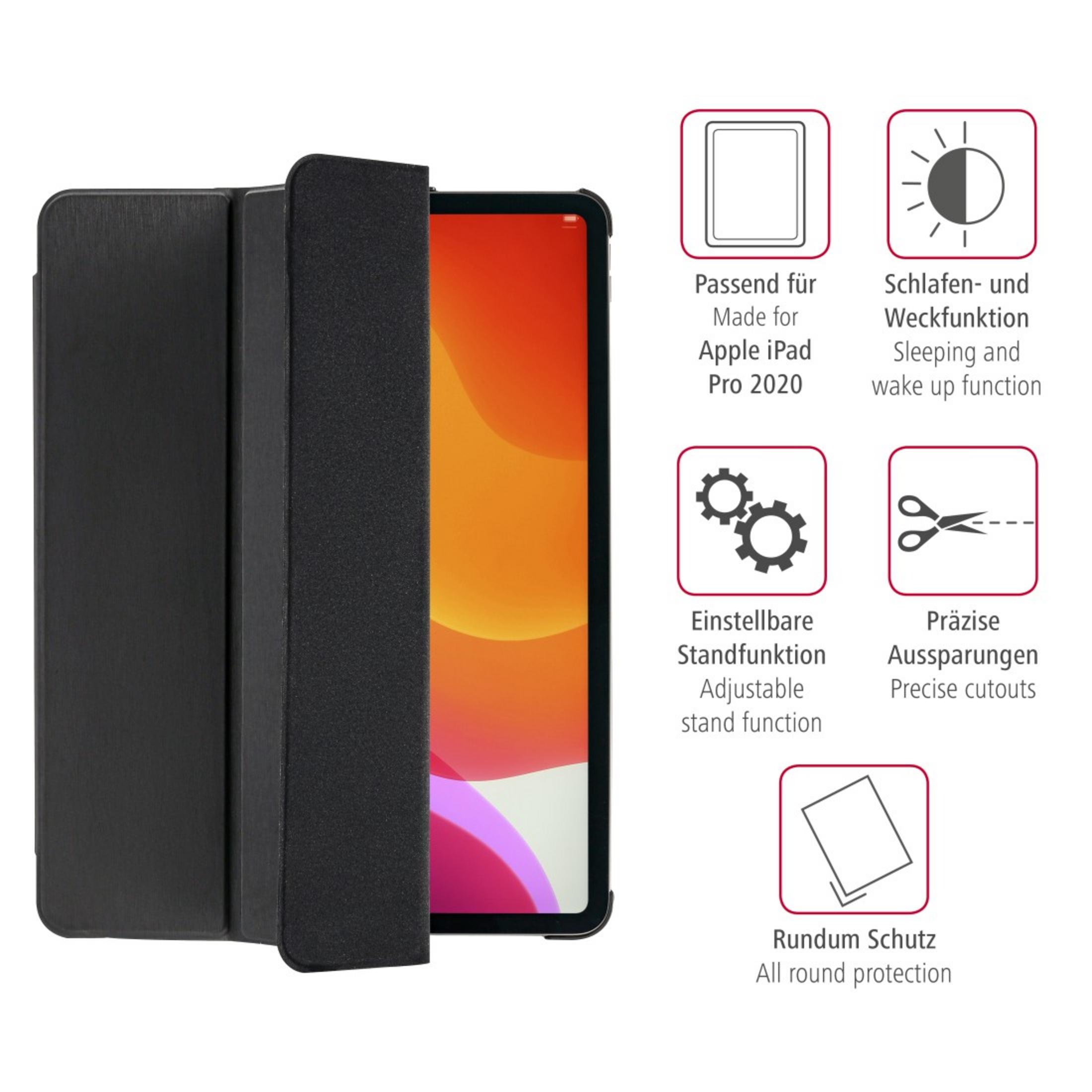 Schwarze iPad Pro 2020 Hülle. Geöffnet, um iPad zu zeigen. Weißer Hintergrund mit Symbolen.