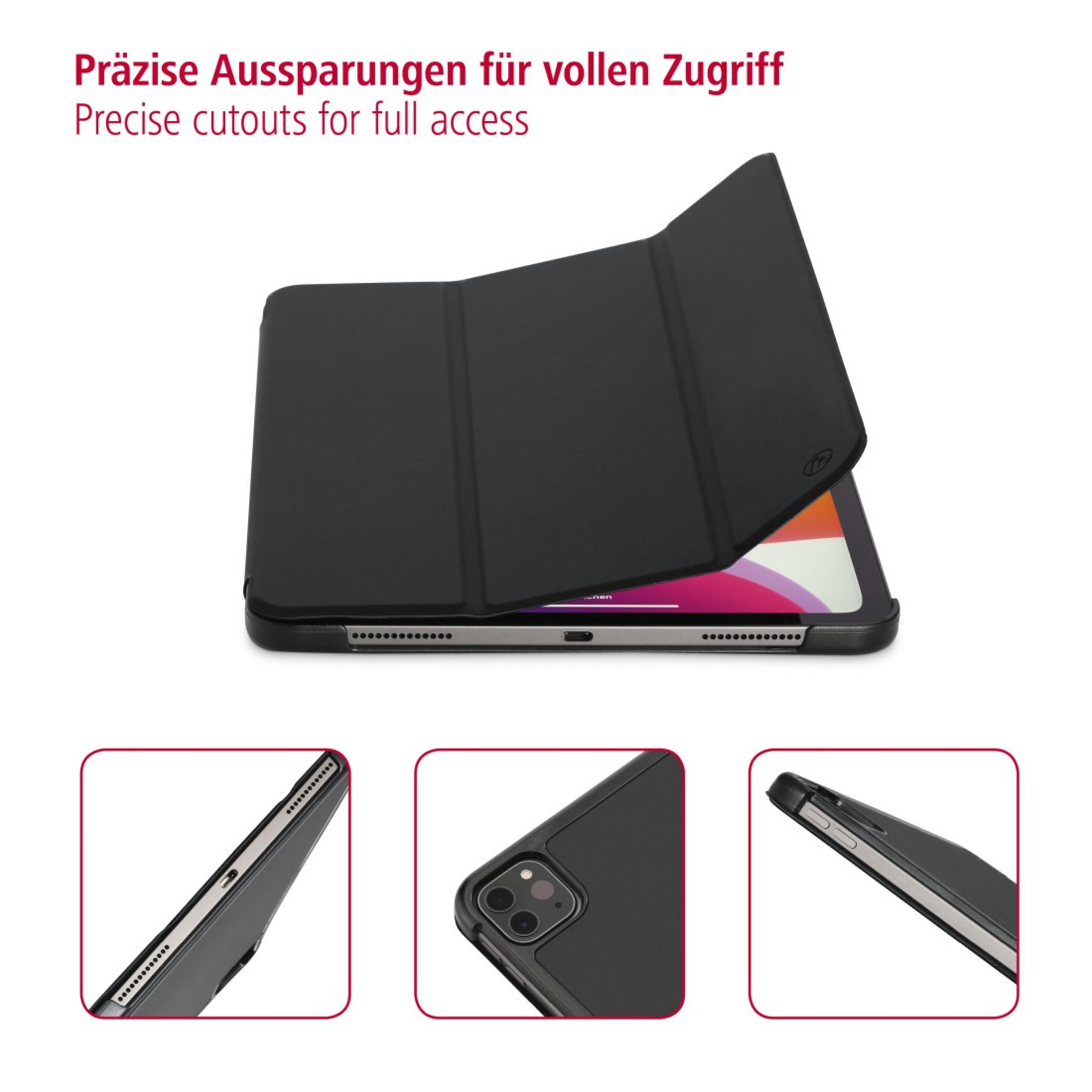 Schwarze Tablethülle mit Tablet darin. Drei Nahaufnahmen zeigen Details.