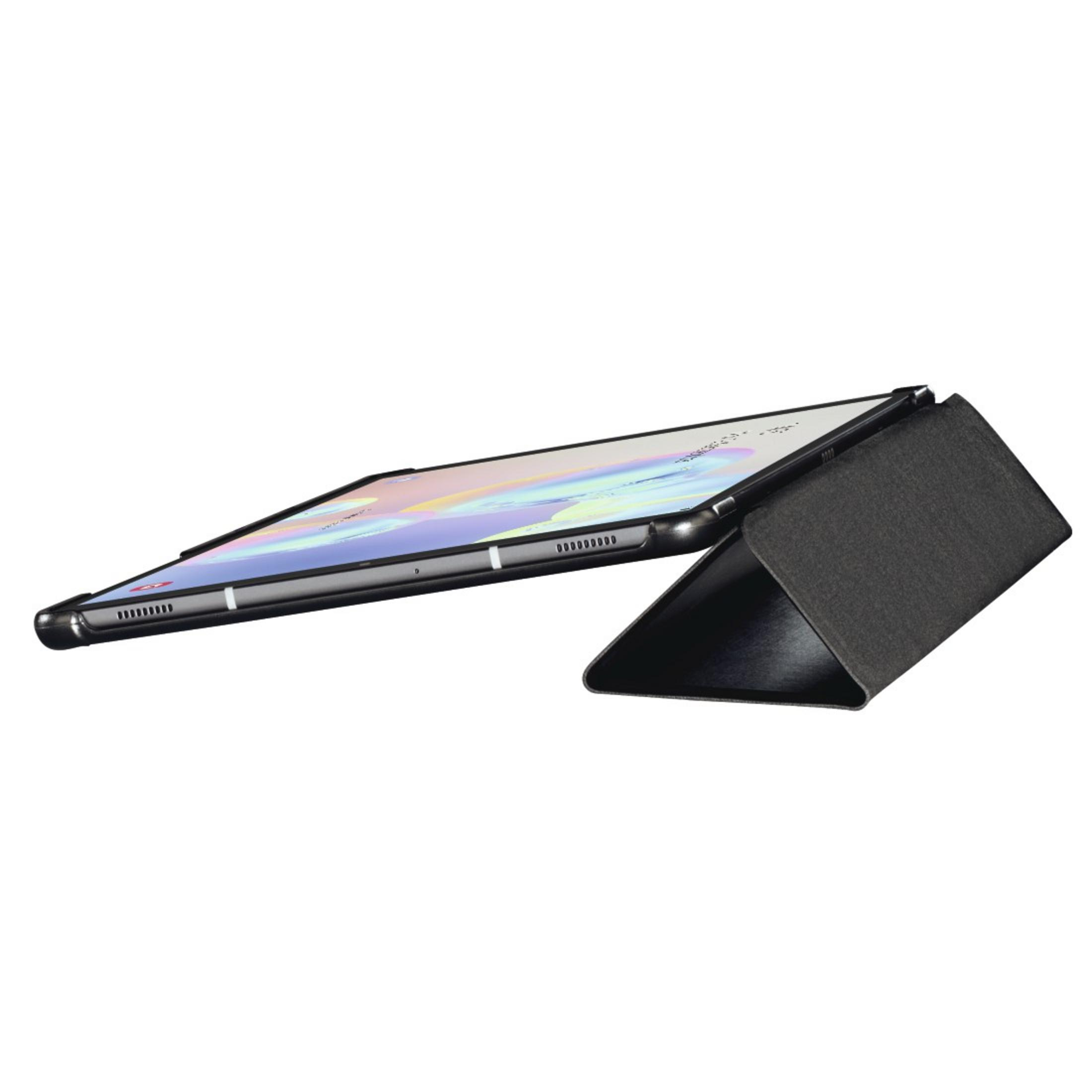 Tablet in schwarzem Gehäuse, abgewinkelt. Das Tablet zeigt ein Bild mit farbenfrohem Design.
