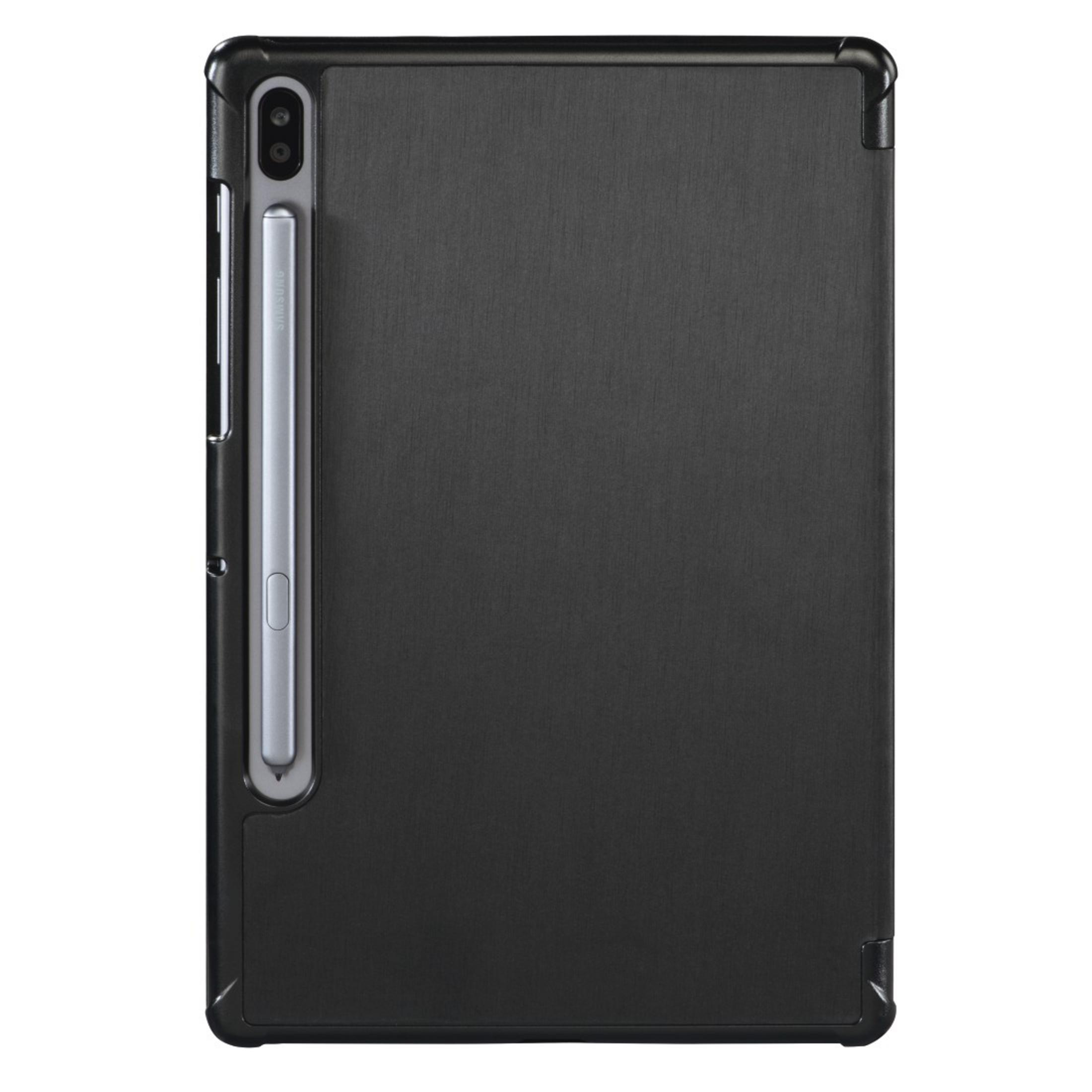 Schwarze Tablet-Hülle mit Stift. Strukturierte Oberfläche und Eckdetails.