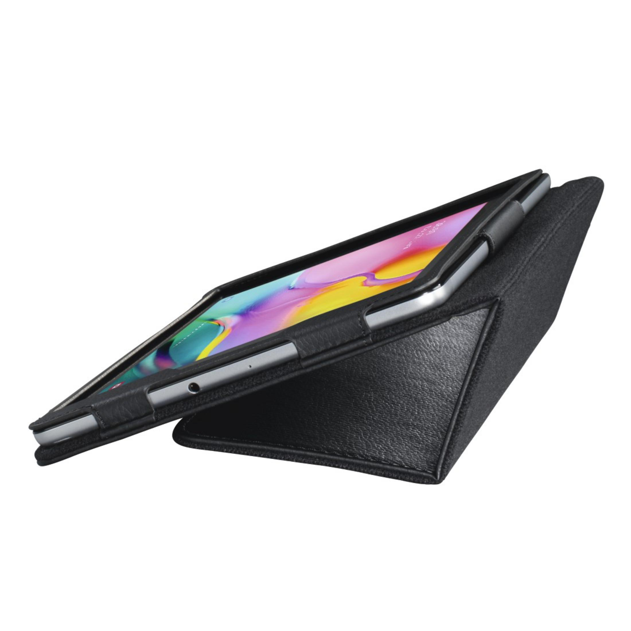Ein schwarzes Tablet in einer schwarzen Hülle. Das Tablet ist leicht angewinkelt und zeigt den Bildschirm.